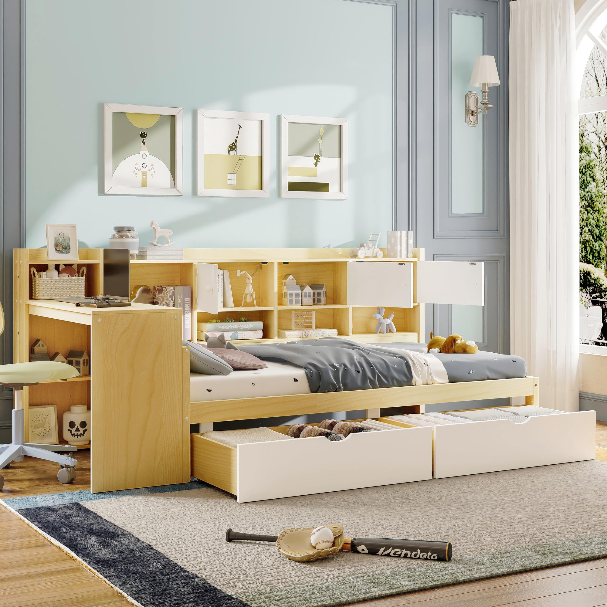 Twin Size Daybed with Seven Storage Cabinets and Two Storage Drawers