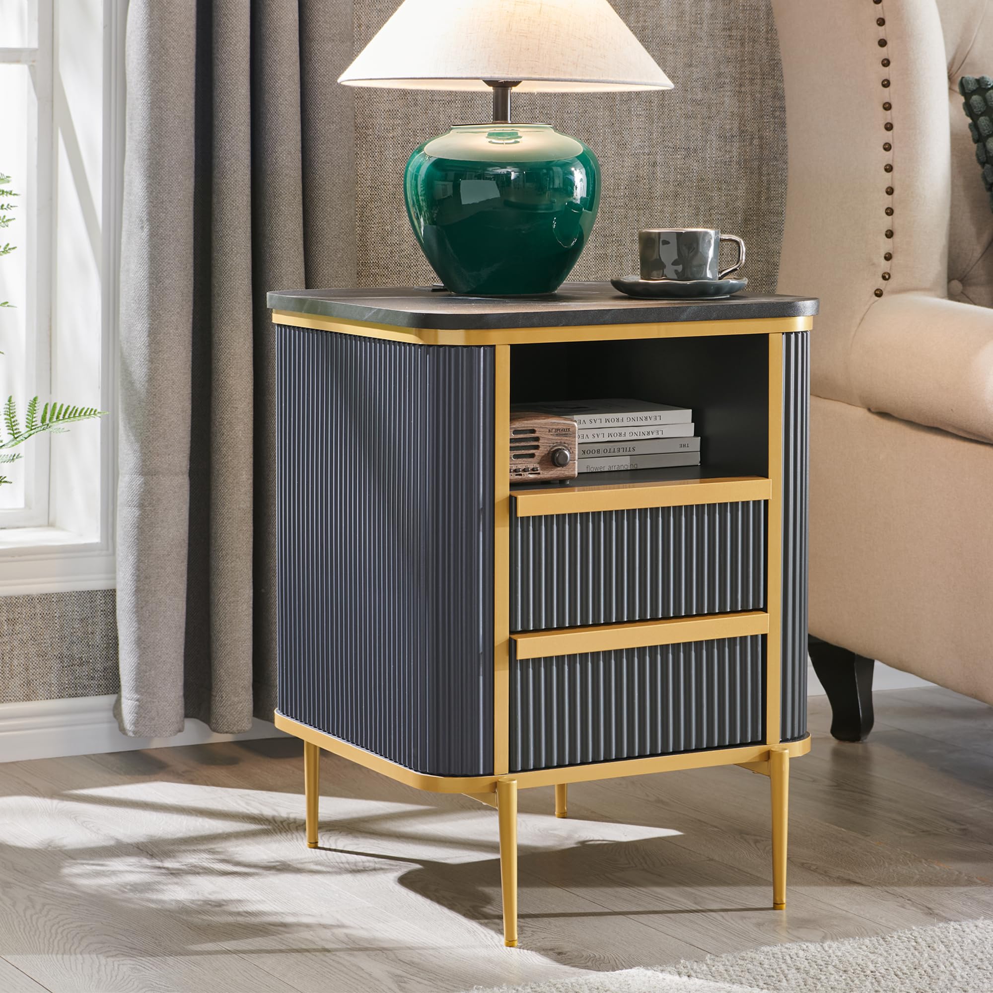 Modern Chic Fluted Nightstand Luxury with Charging Station