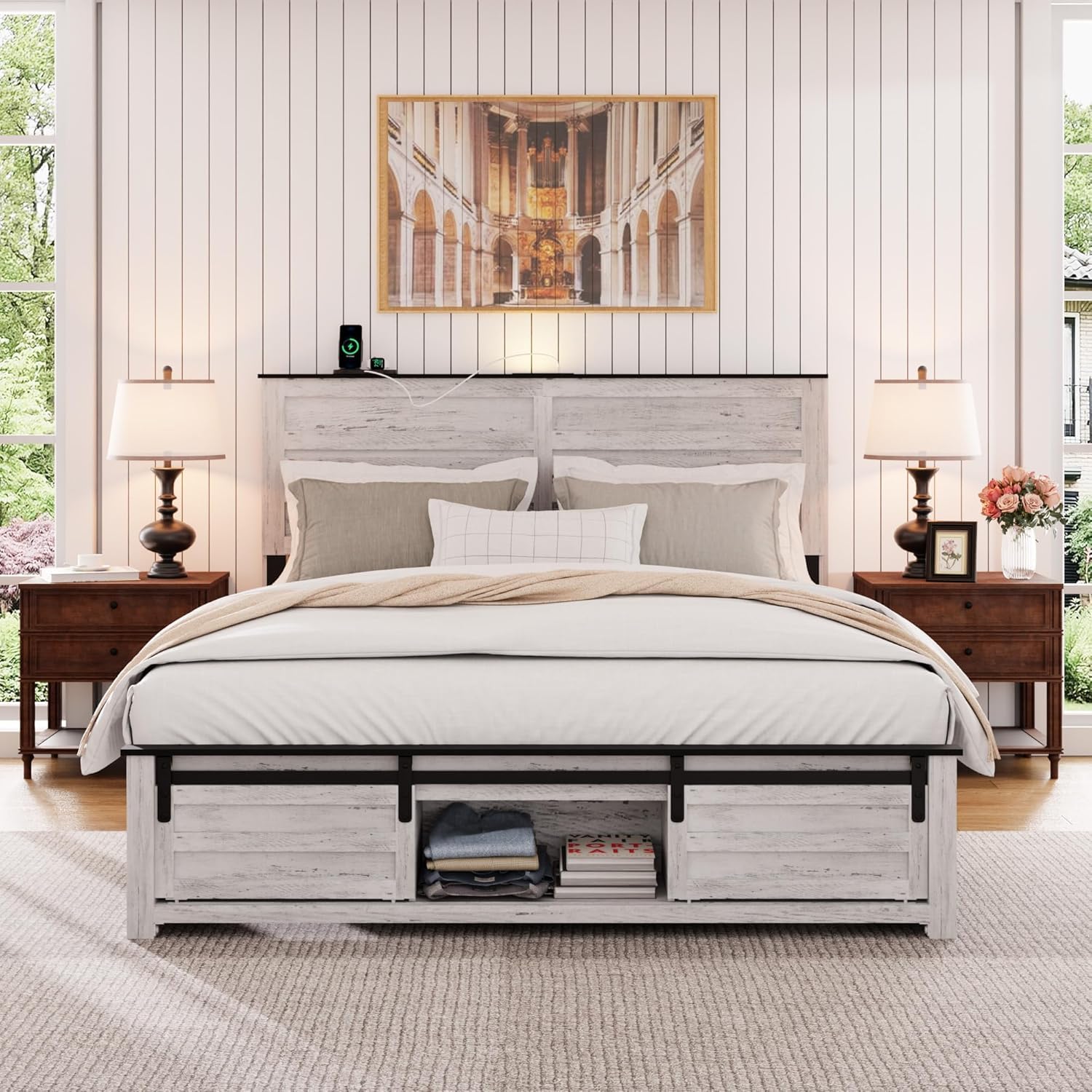 Queen Size Wooden Bed Frame with Charging Headboard – Rustic Farmhouse Platform Bed