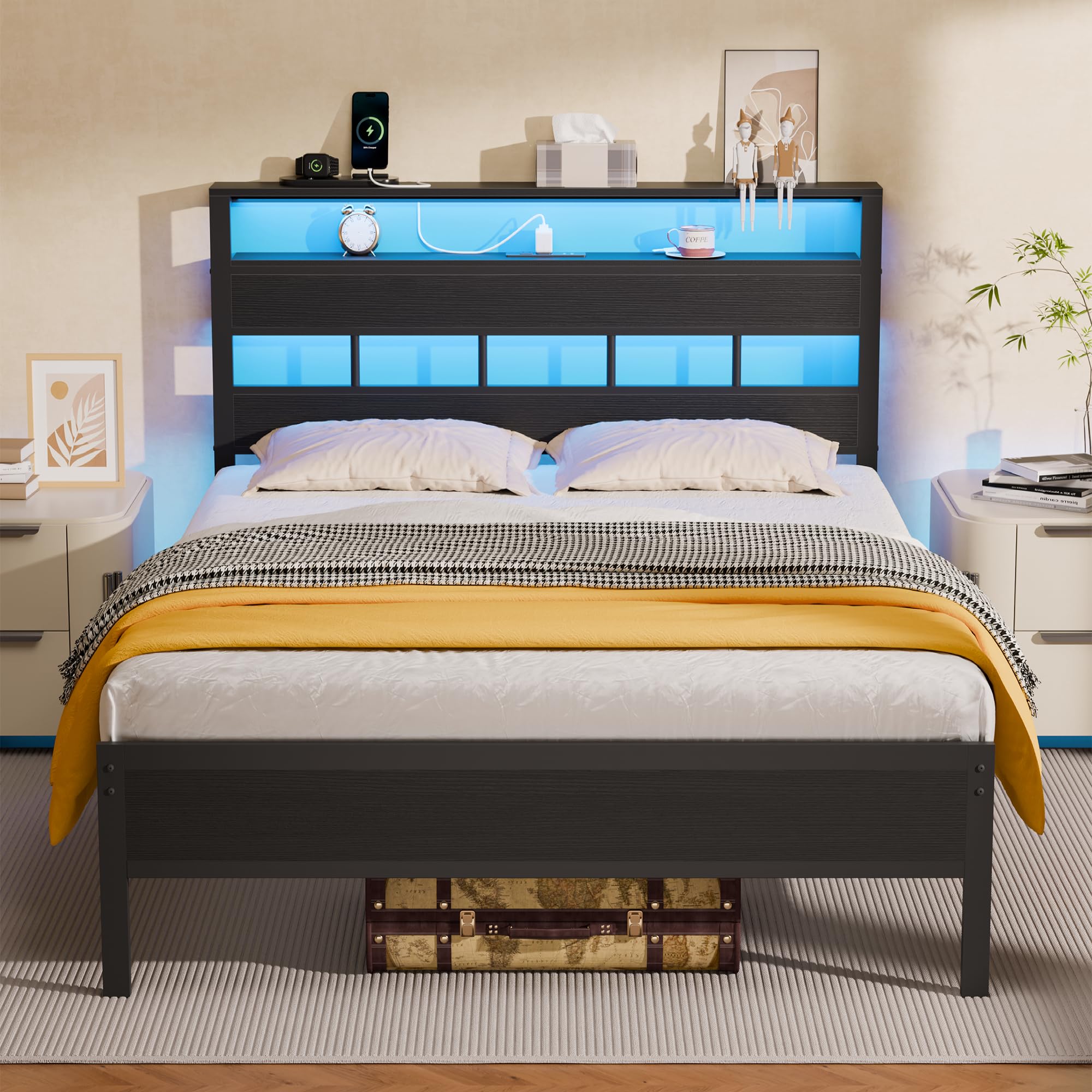 Full Size Bed Frame with LED Light and Charging Station, Wood Storage