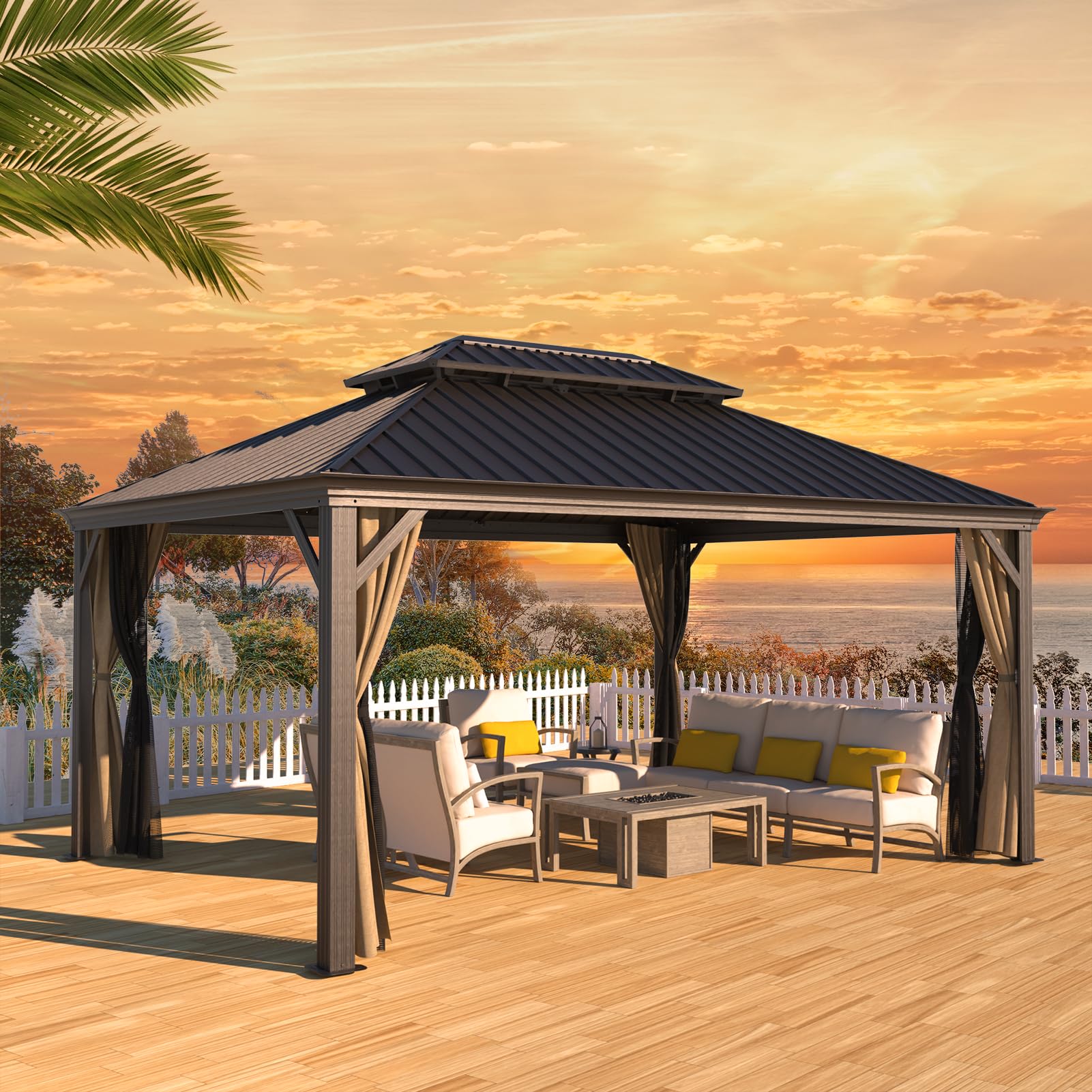 POWER Hardtop Gazebo 12' x 16' with Mosquito Net and Privacy Sidewalls