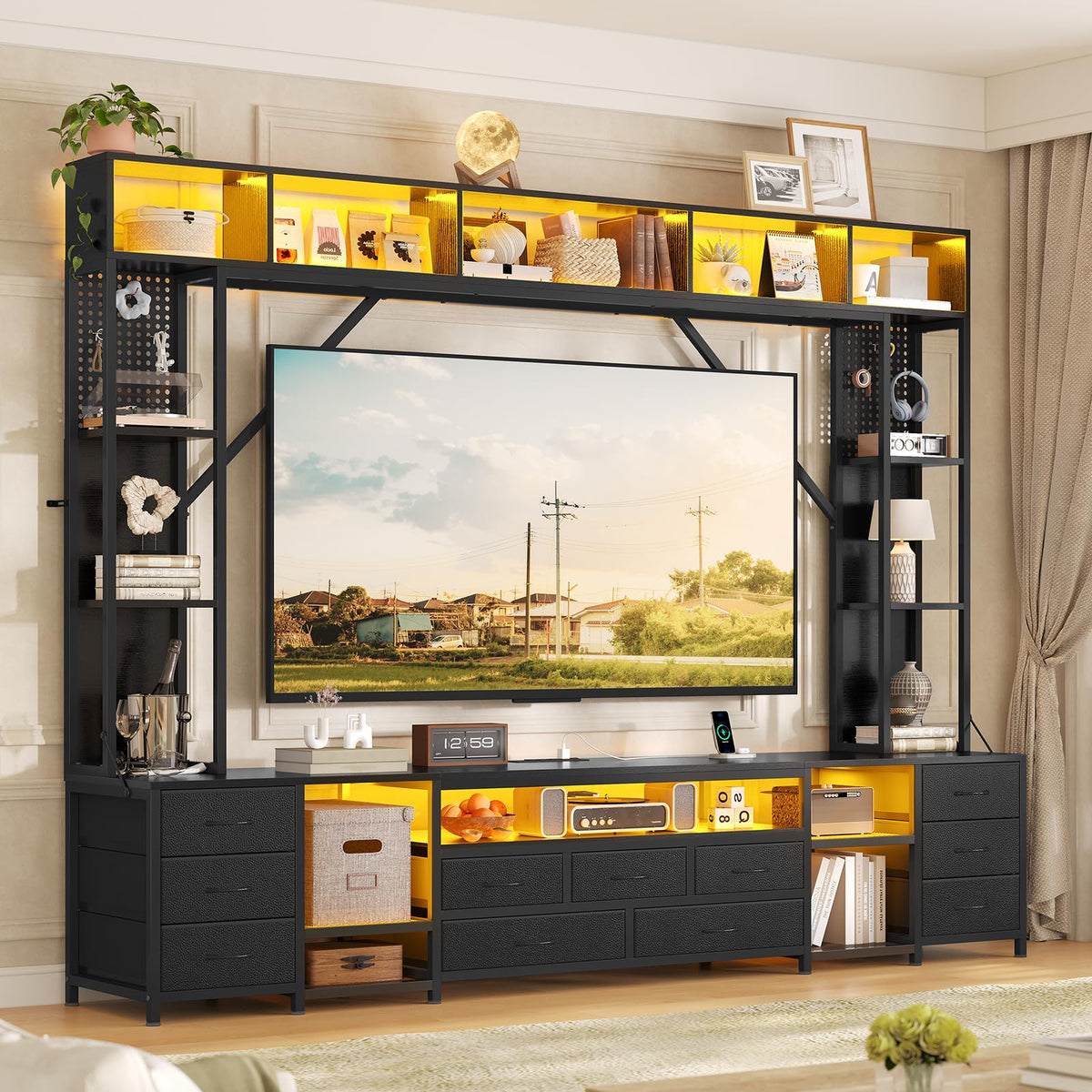 Large Entertainment Center with LED Lights & 11 Fabric Drawers