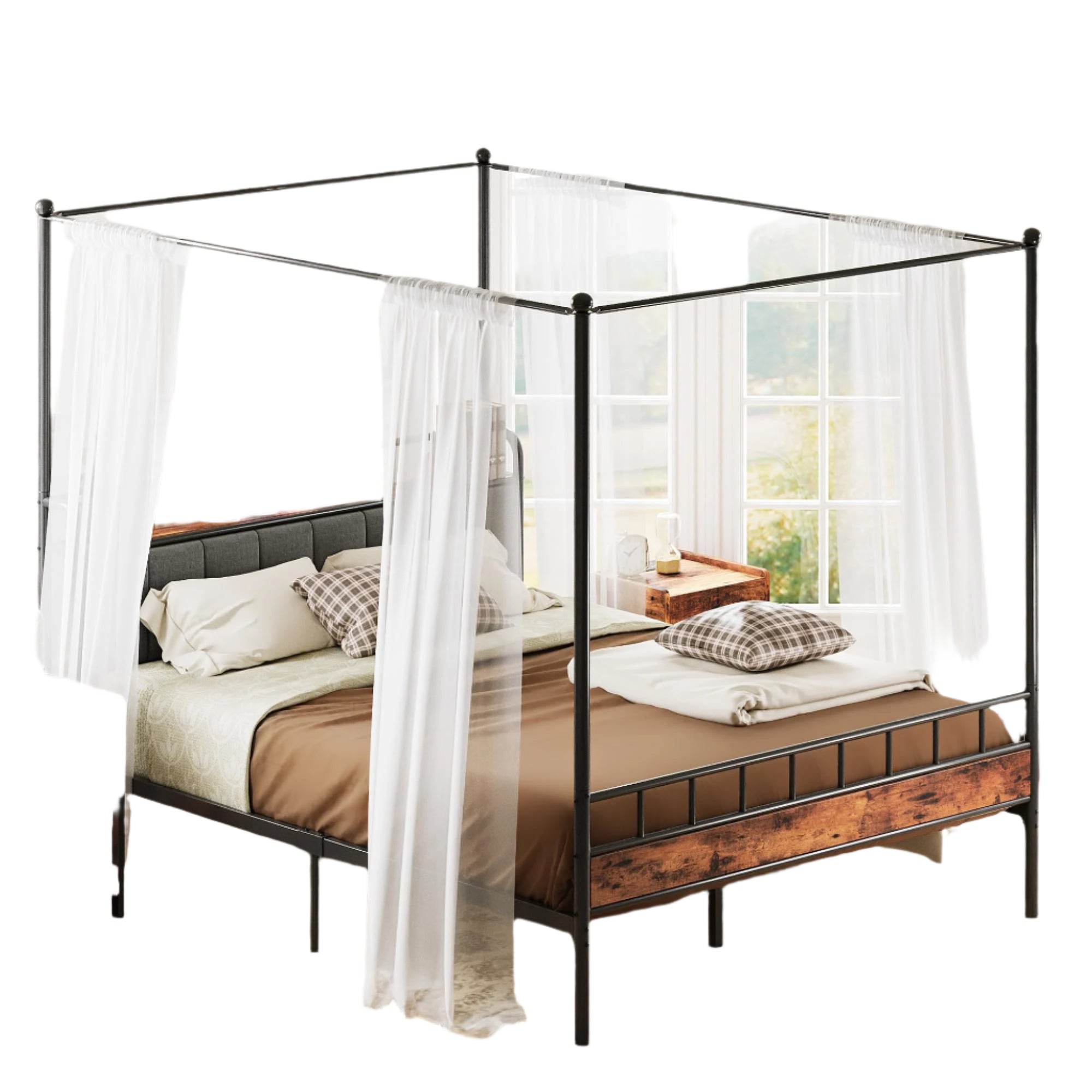 Canopy Bed Frame Queen, Storage Headboard with Charging Station, Platform Bed