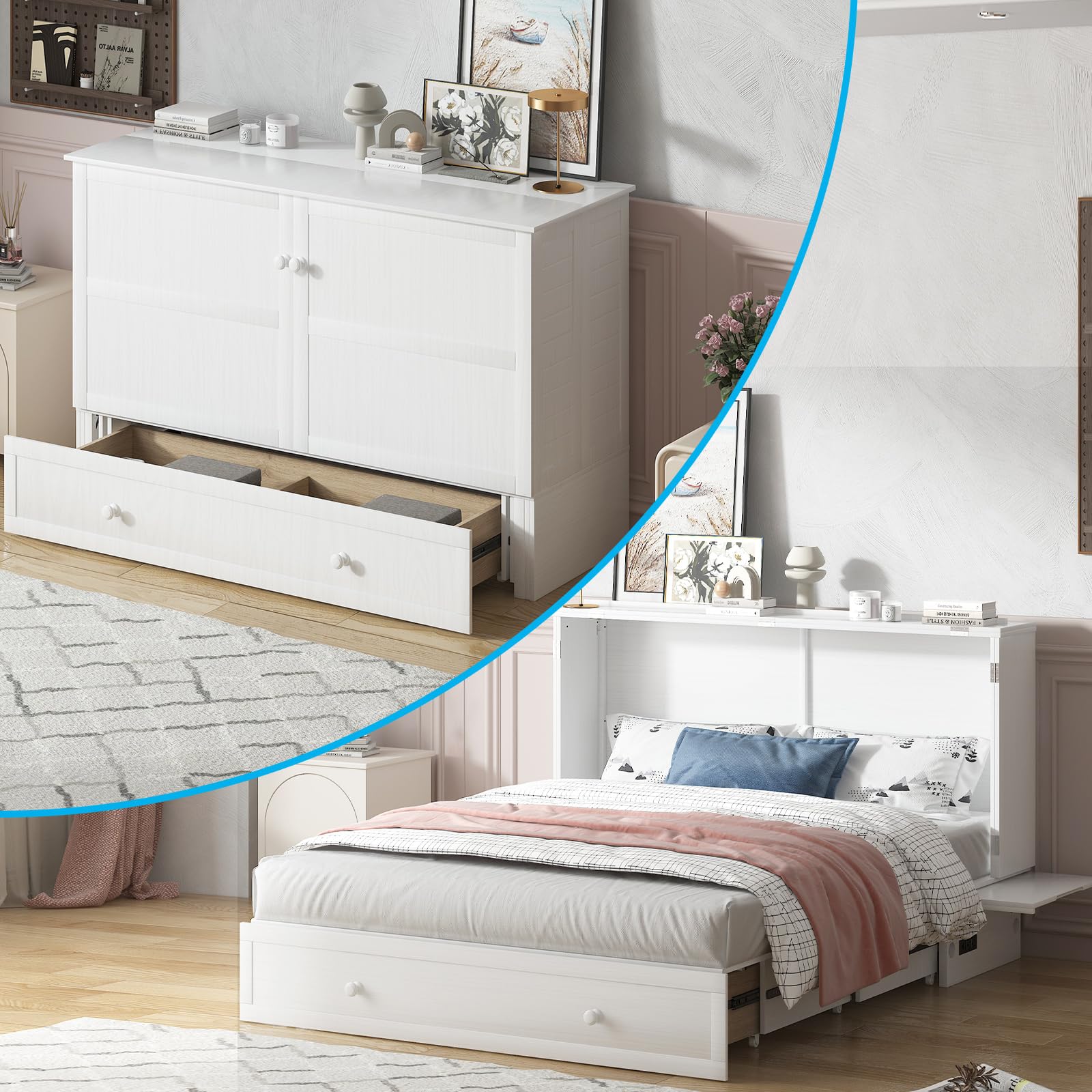 Mjkone Queen Murphy Bed, Cabinet Bed with Tri-fold Foam Mattress
