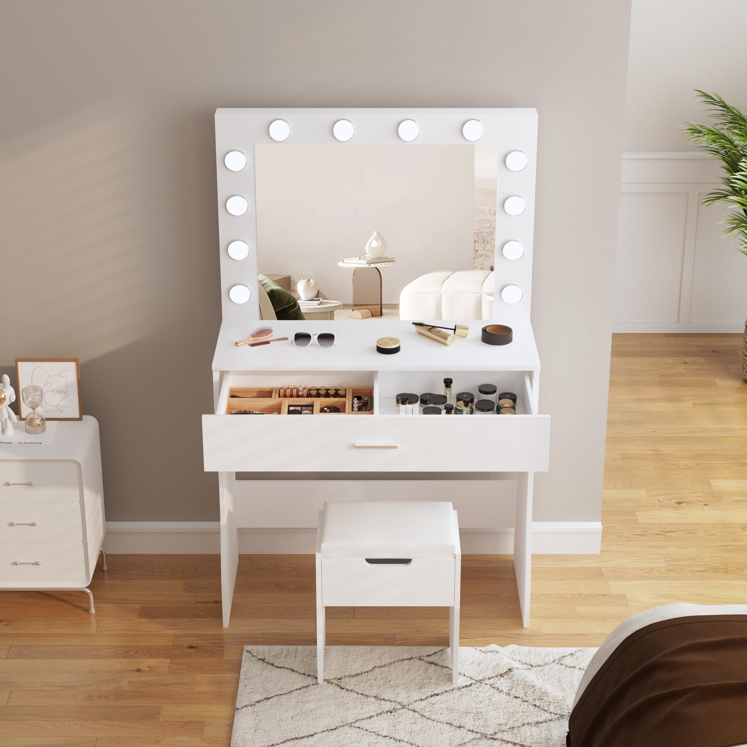 Mirror and Lights, Adjustable Brightness, White Vanity Table Set with Storage