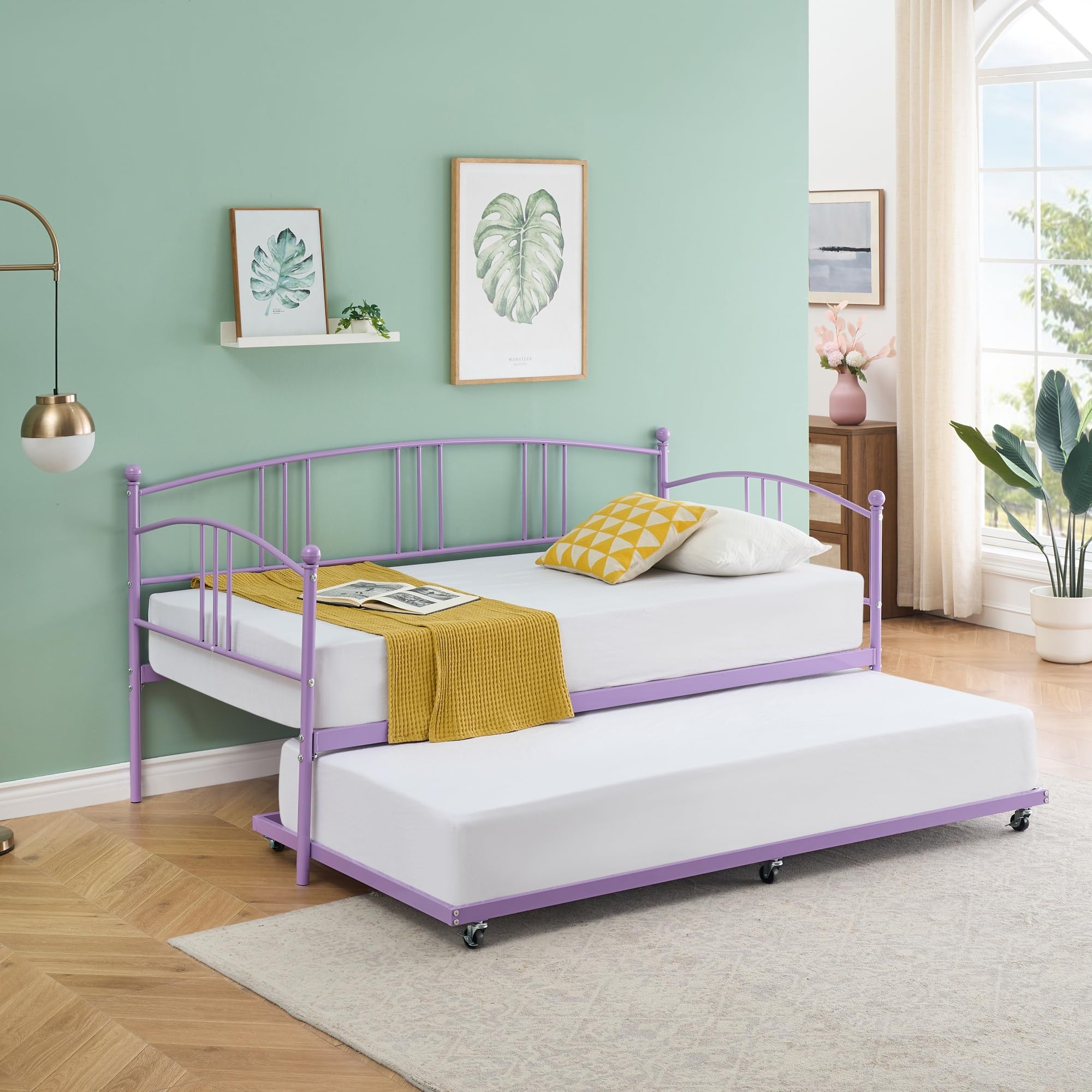 Daybed with Trundle, Metal Twin Size Day Bed with 6 Casters Pullout Trundle