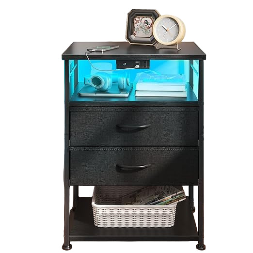 Night Stand with Charging Station, End Table for Bedroom Tall Nightstand