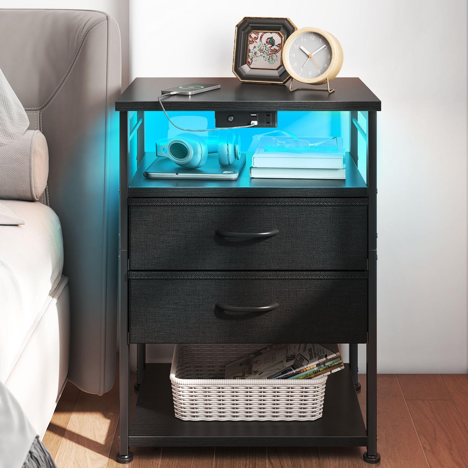 Night Stand with Charging Station, End Table for Bedroom Tall Nightstand
