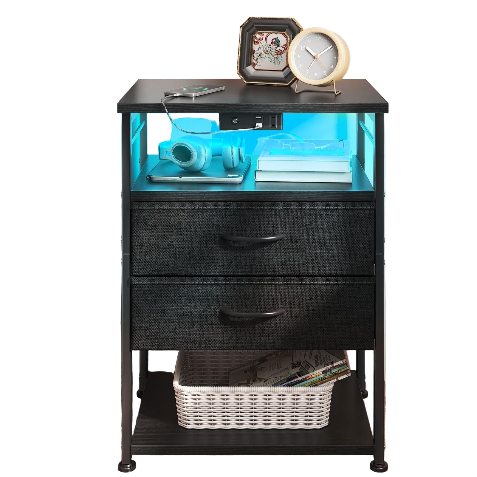 Night Stand with Charging Station, End Table for Bedroom Tall Nightstand