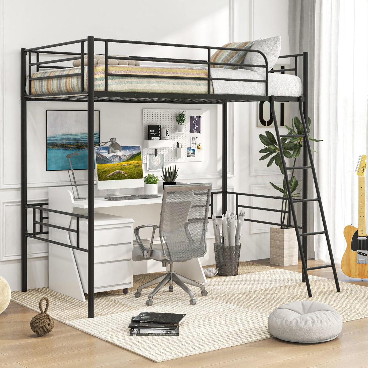 Twin Size Metal Loft Bed with Ladder & Safety Guardrails
