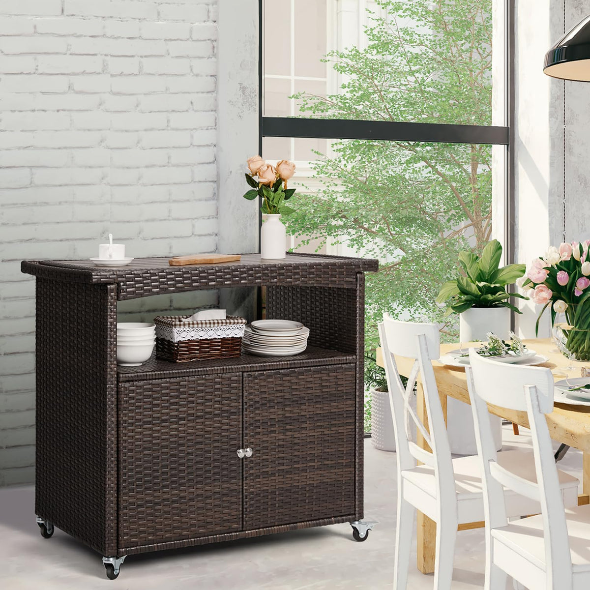 Outdoor Wicker Bar Cart with Storage Cabinet