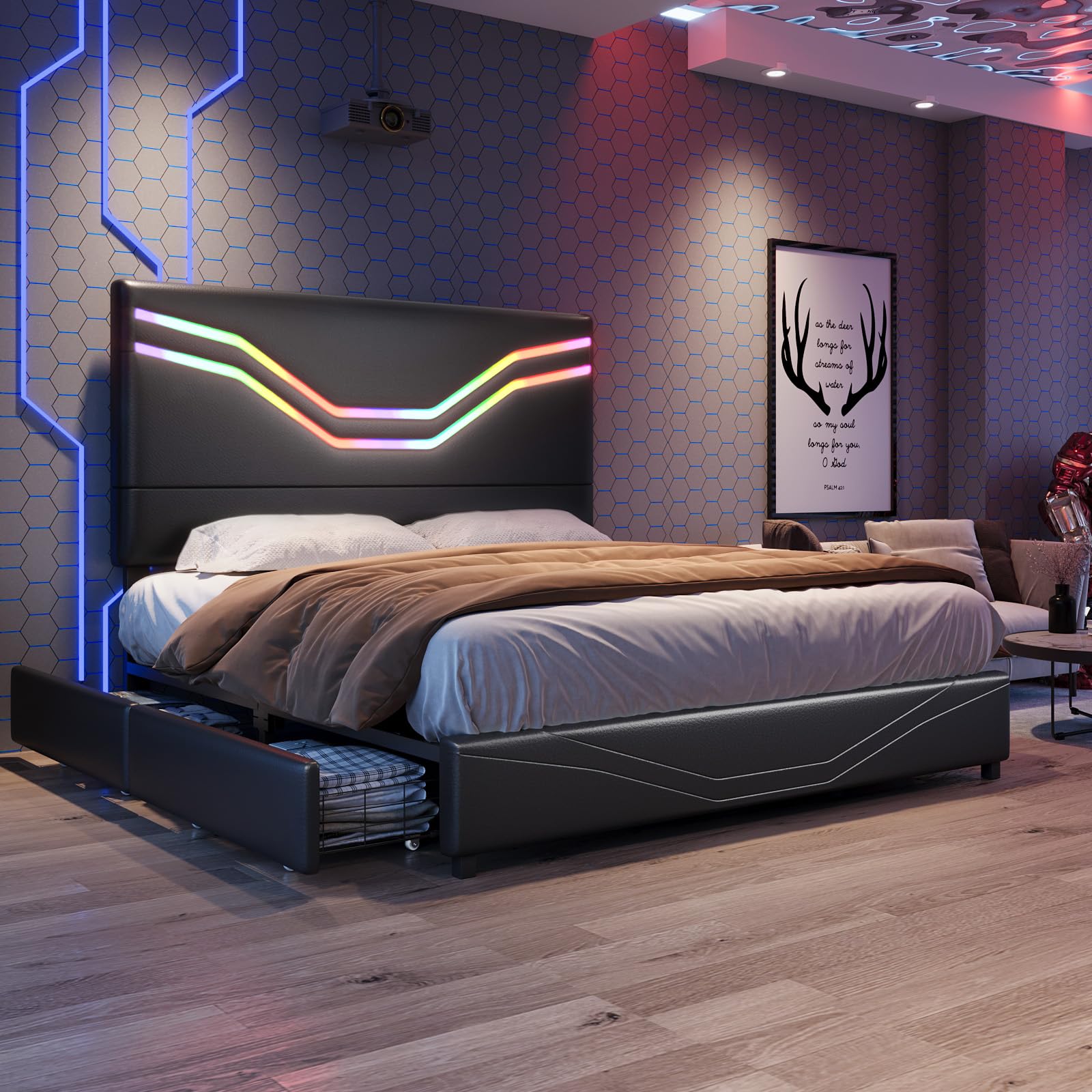 Twin Size Bed Frame with LED Lights and Storage Drawers, Leather Upholstered