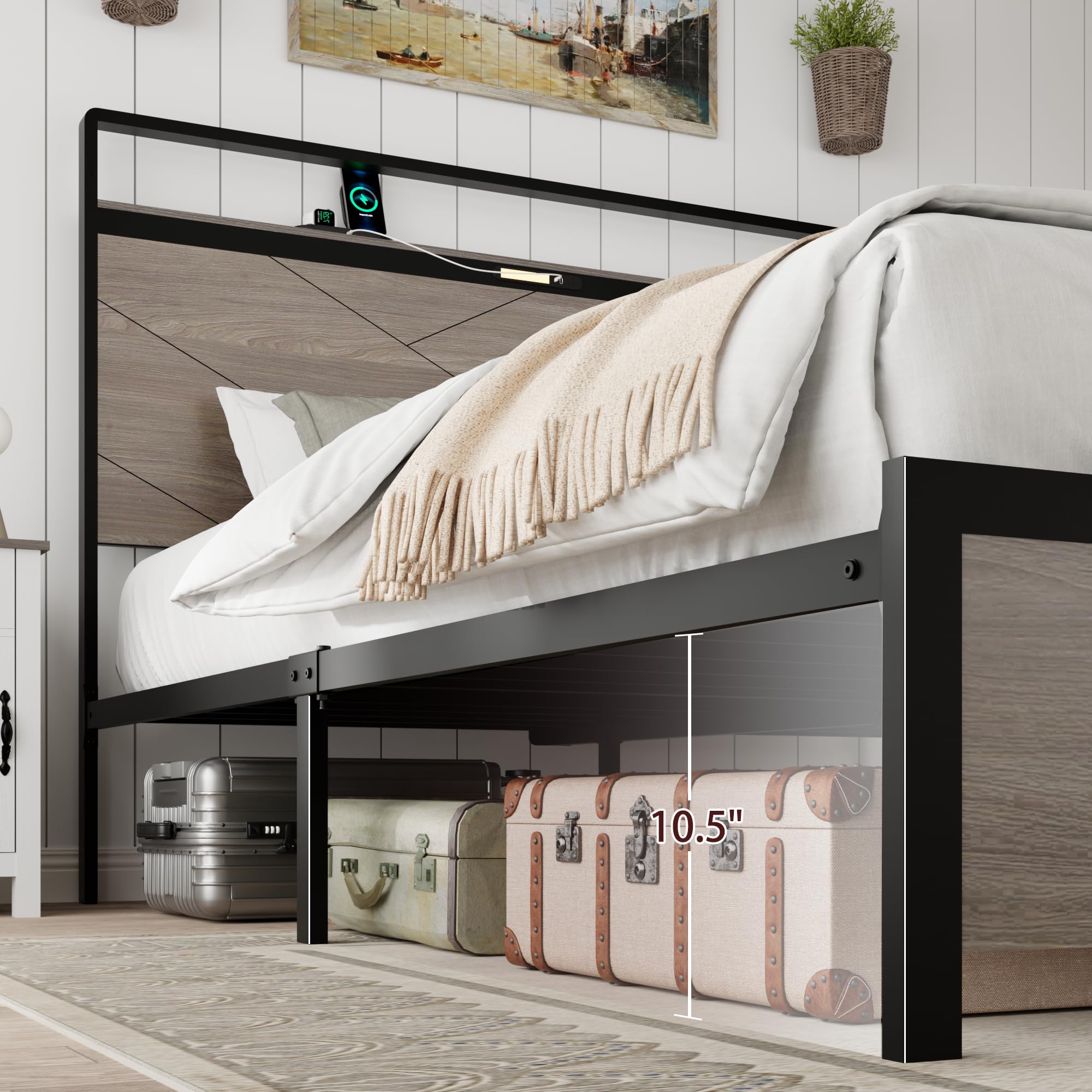 Size Wooden Bed Frame with LED Charging headboard