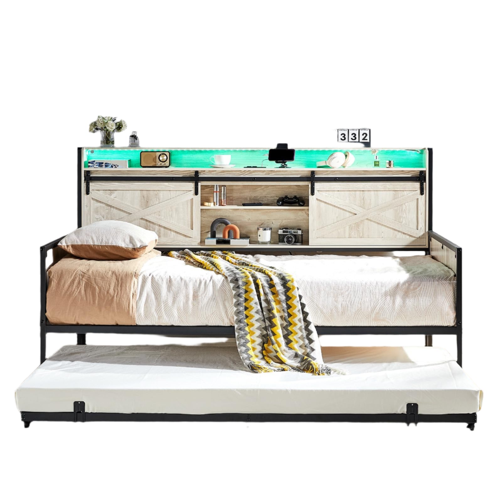 Daybed with Trundle, Farmhouse Daybed Frame with Sliding Barn Door