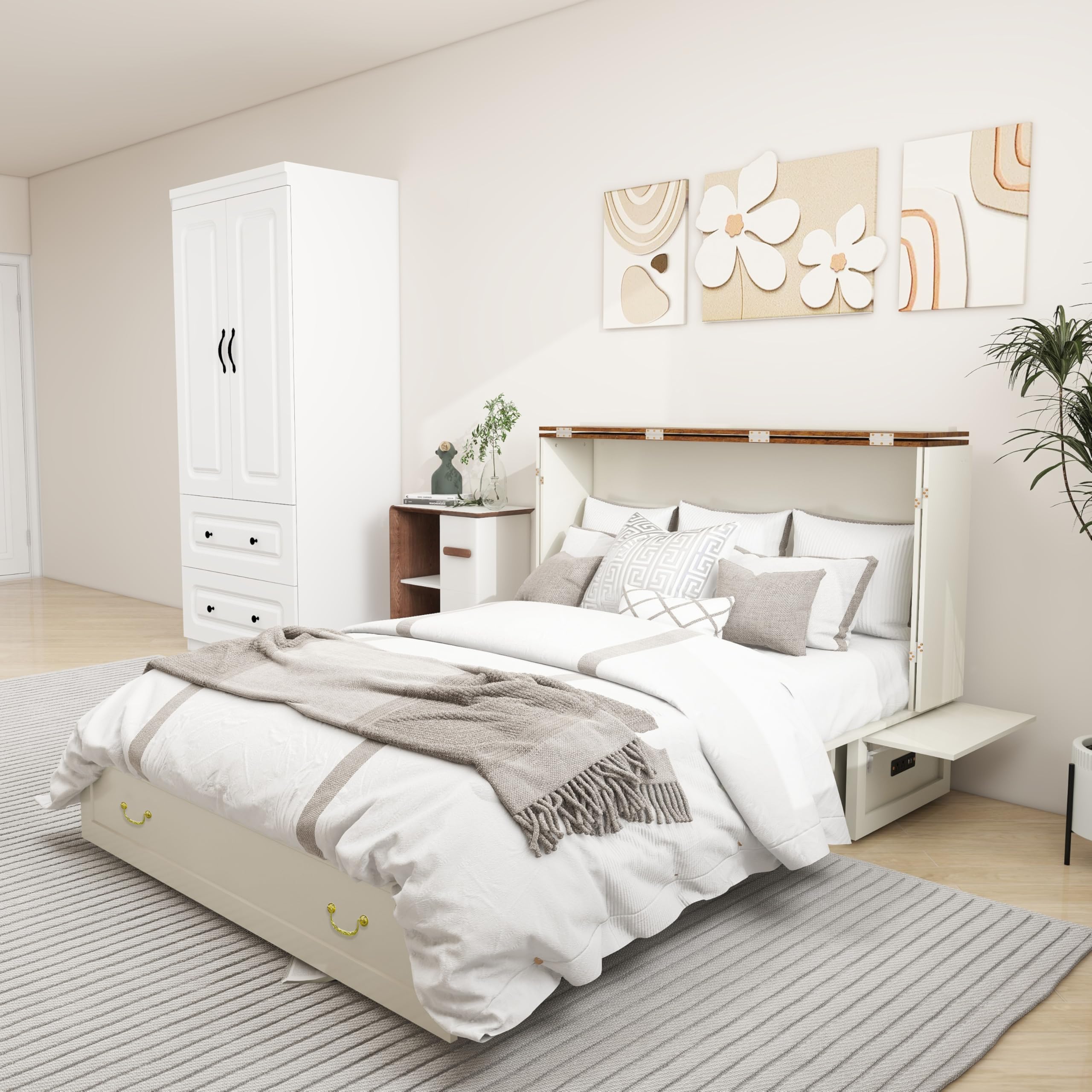 Queen Murphy Bed, Murphy Bed Cabinet with 2 USB & 2 Charging Ports