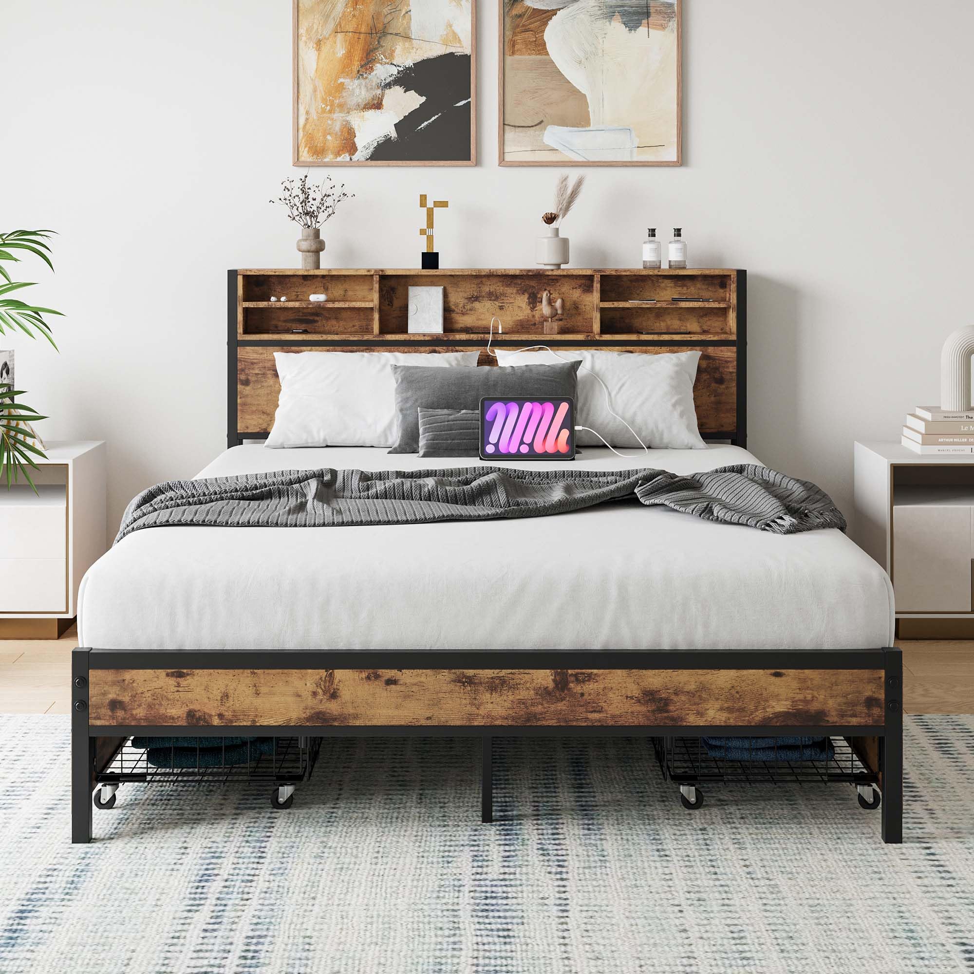 Metal Queen Bed Frame with Headboard and Storage,Platform Bed Frame Queen Size