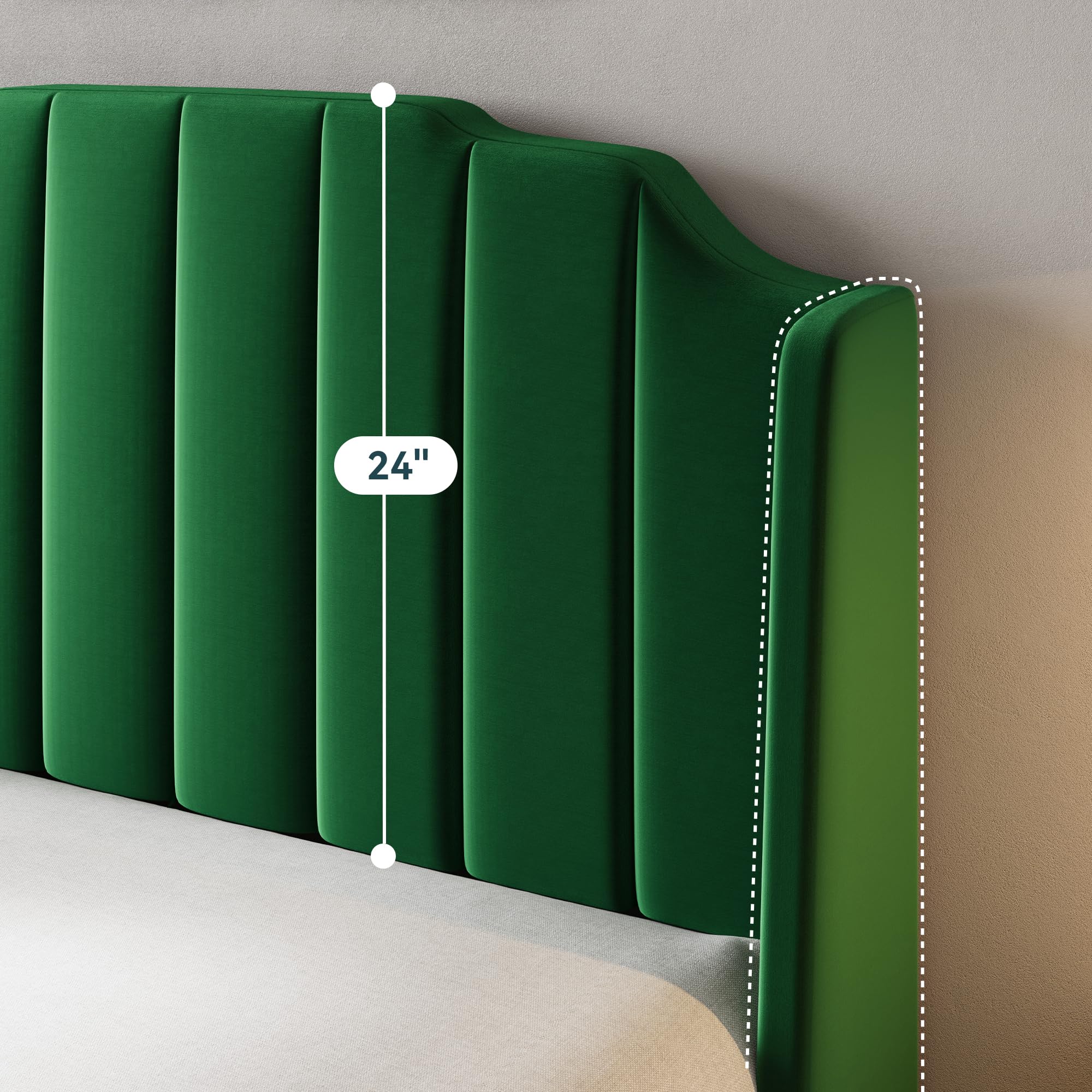 Queen Size Upholstered Velvet Bed Frame with Curved Vertical Wingback