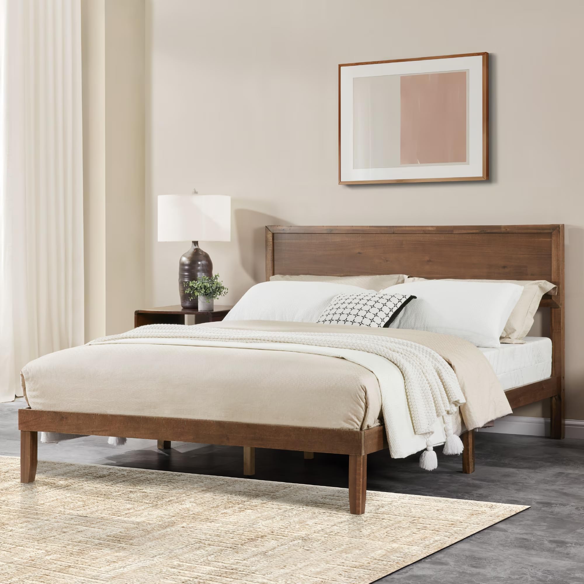 Wood Queen Size Bed Frame,Wooden Queen Platform Bed Frame with Headboard