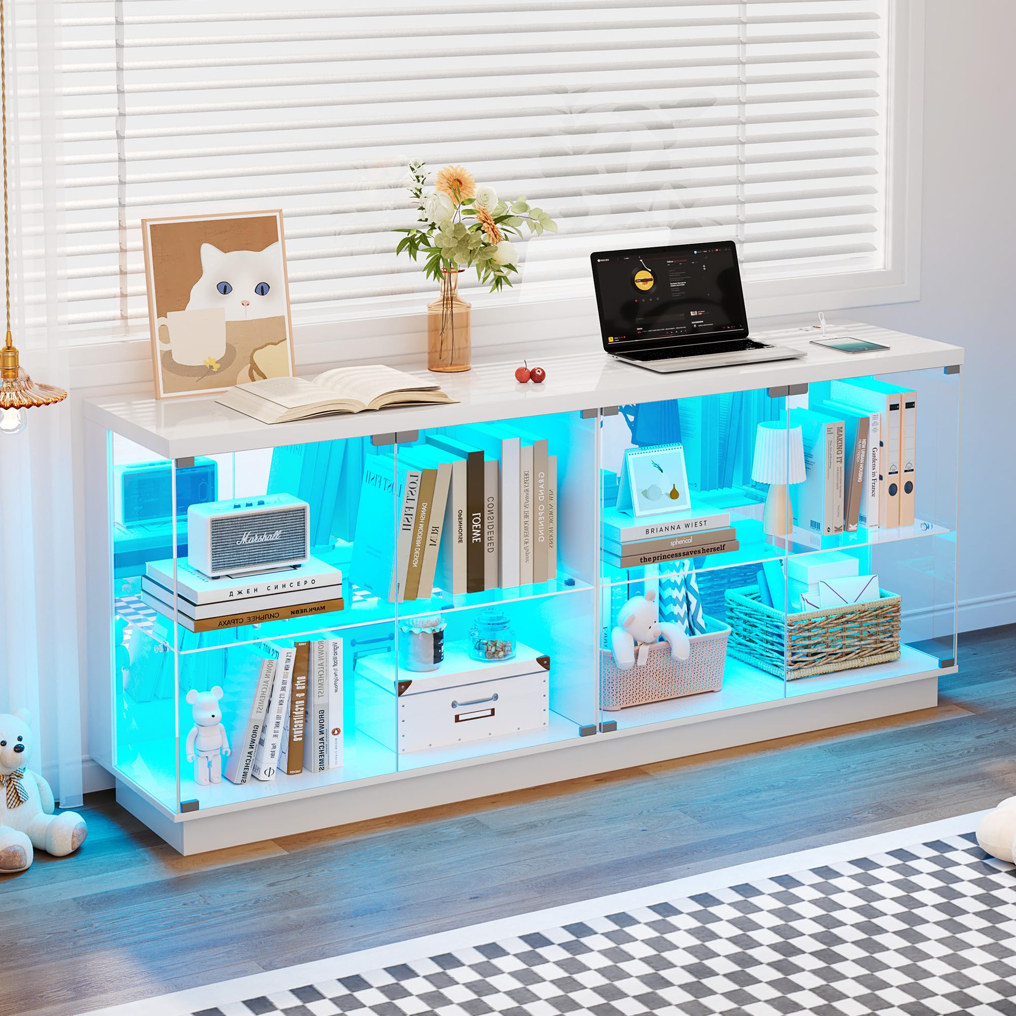 59" Glass Display Cabinet with RGB Lights & Charging Station