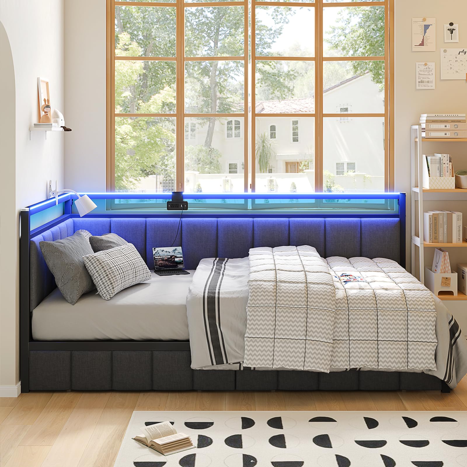 Bed Frame with Storage Drawers, Twin Daybed with Line Fabric Upholstered