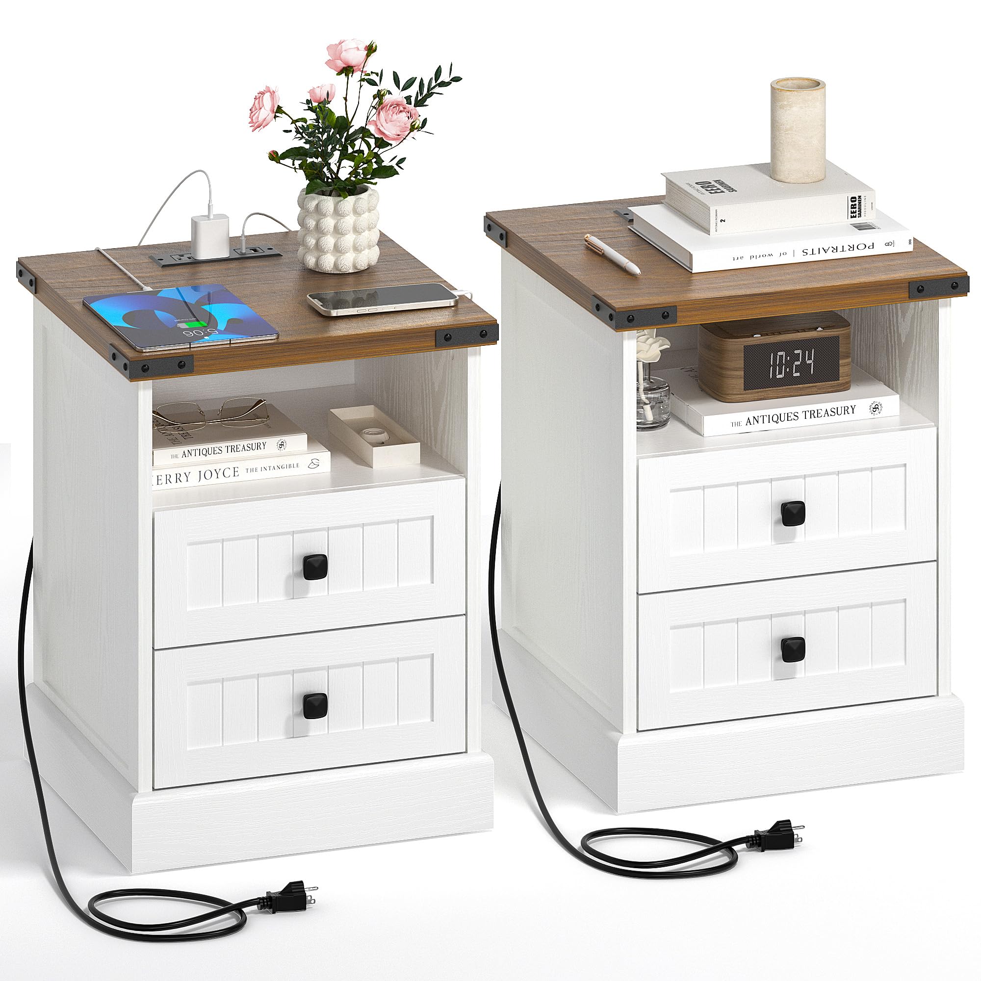 18" Farmhouse Night Stand Set of 2 with Charging Station, White Bedside Tables