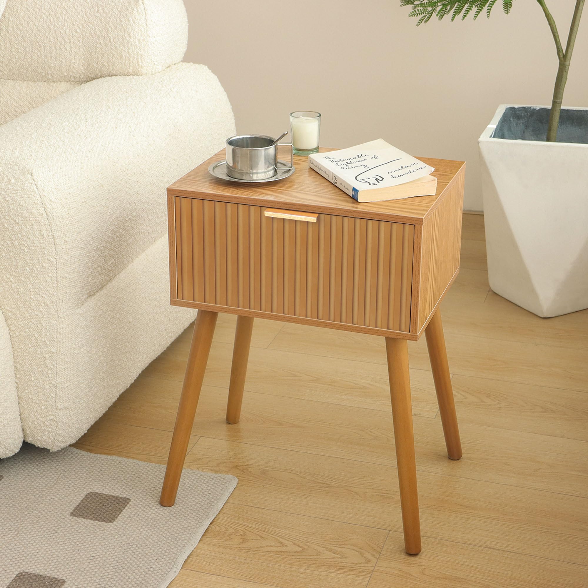 Fluted Nightstand, Small Bedside Table with Storage Drawer