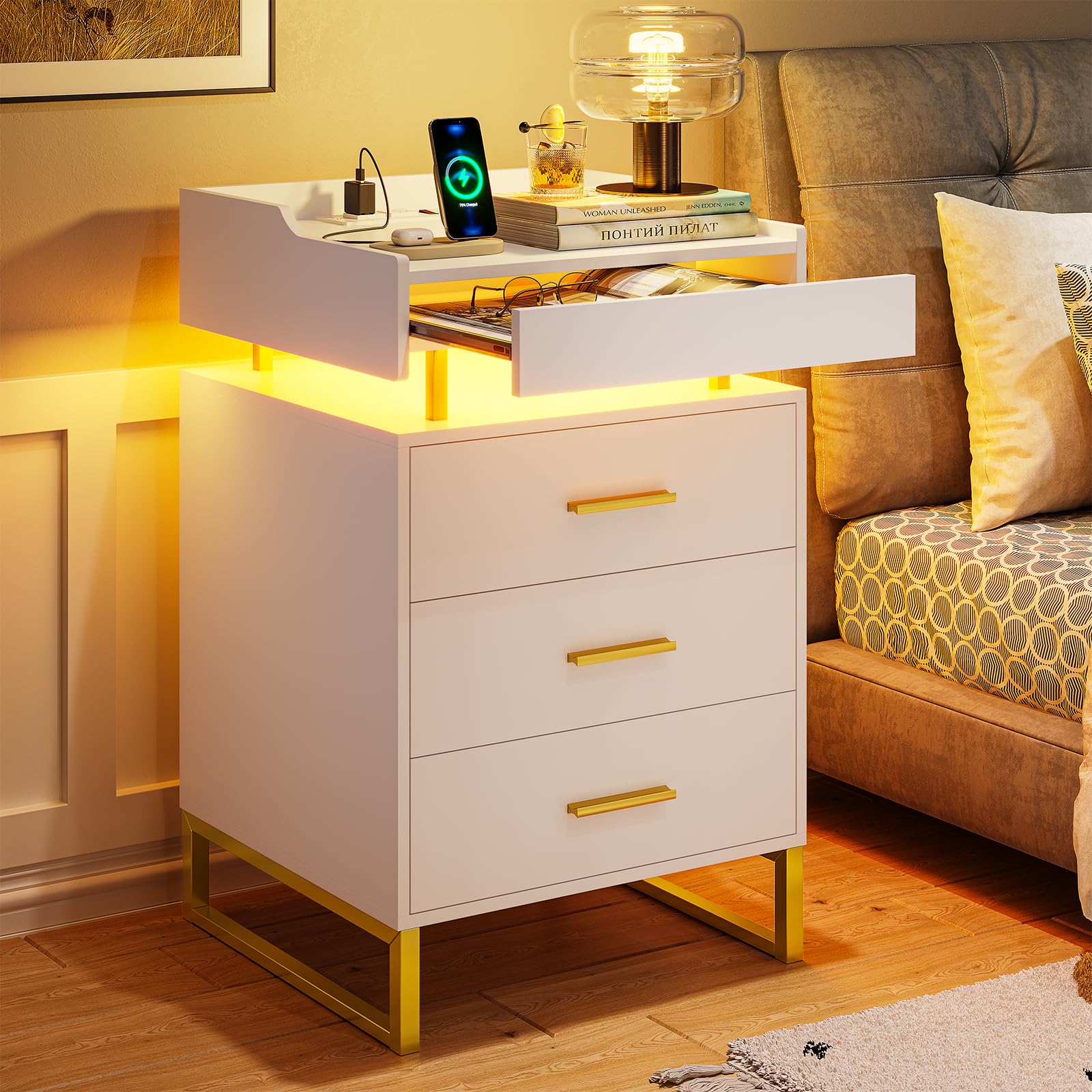 Nightstand with Charging Station, Large Night Stand