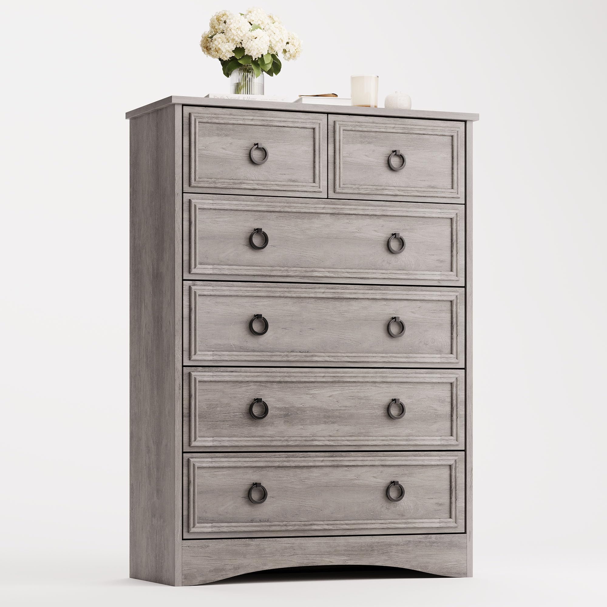 6 Drawer Dresser, 44" Tall Dresser for Bedroom, Wood Chests of Drawers Metal Ring Pull