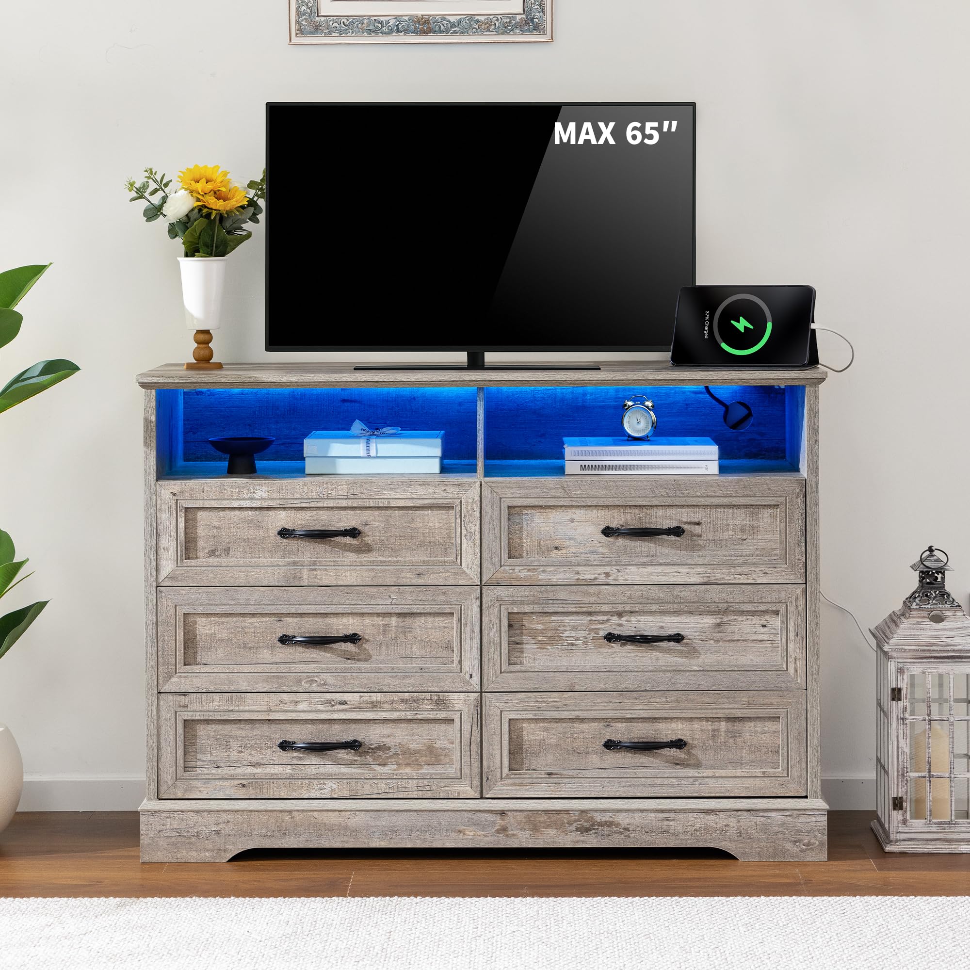 Dressers for Bedroom,6 Drawers Dresser with LED Light,Power Outlets and Open Shelves