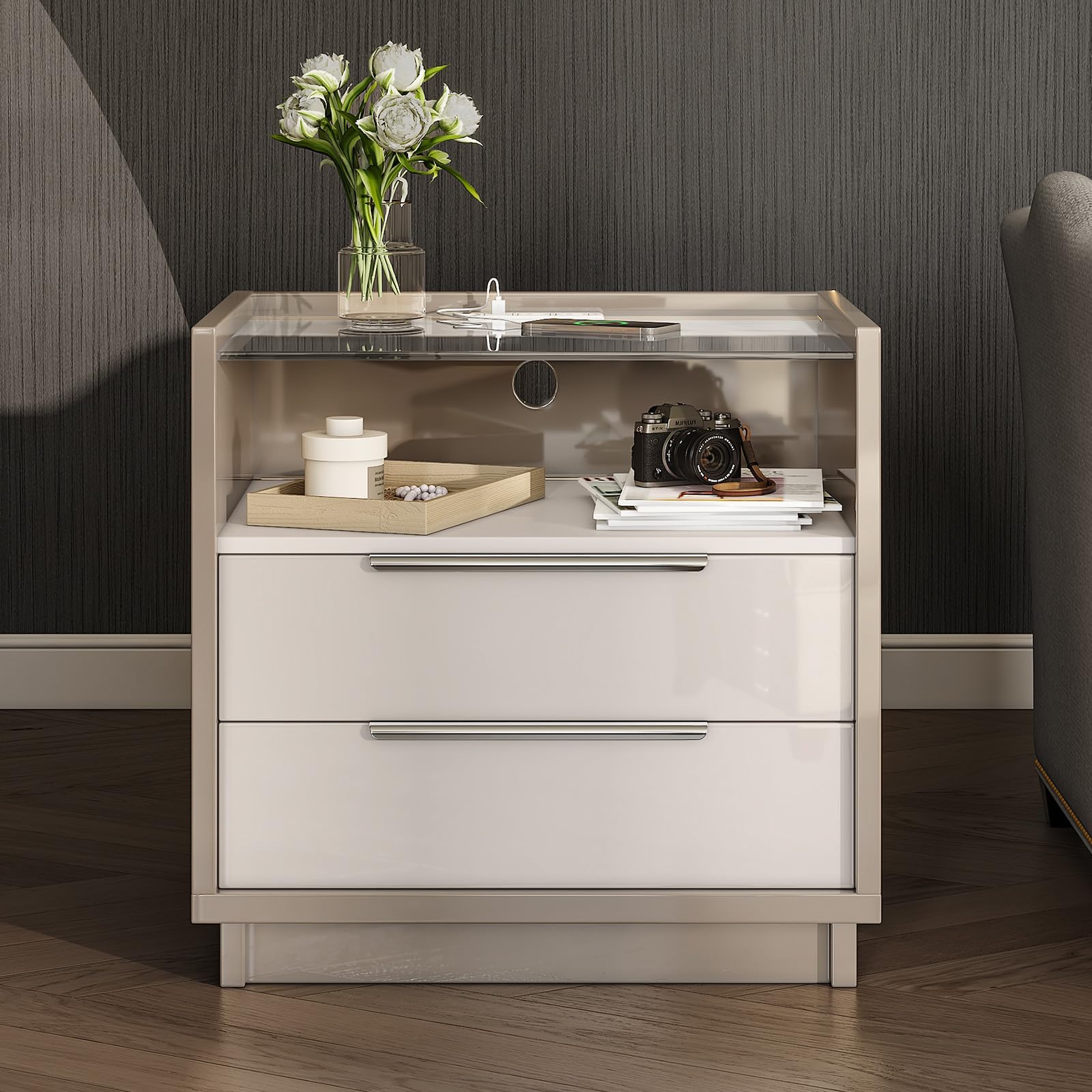 Nightstand Set of 2, 23.6" High Gloss End Table with Glass Tabletop