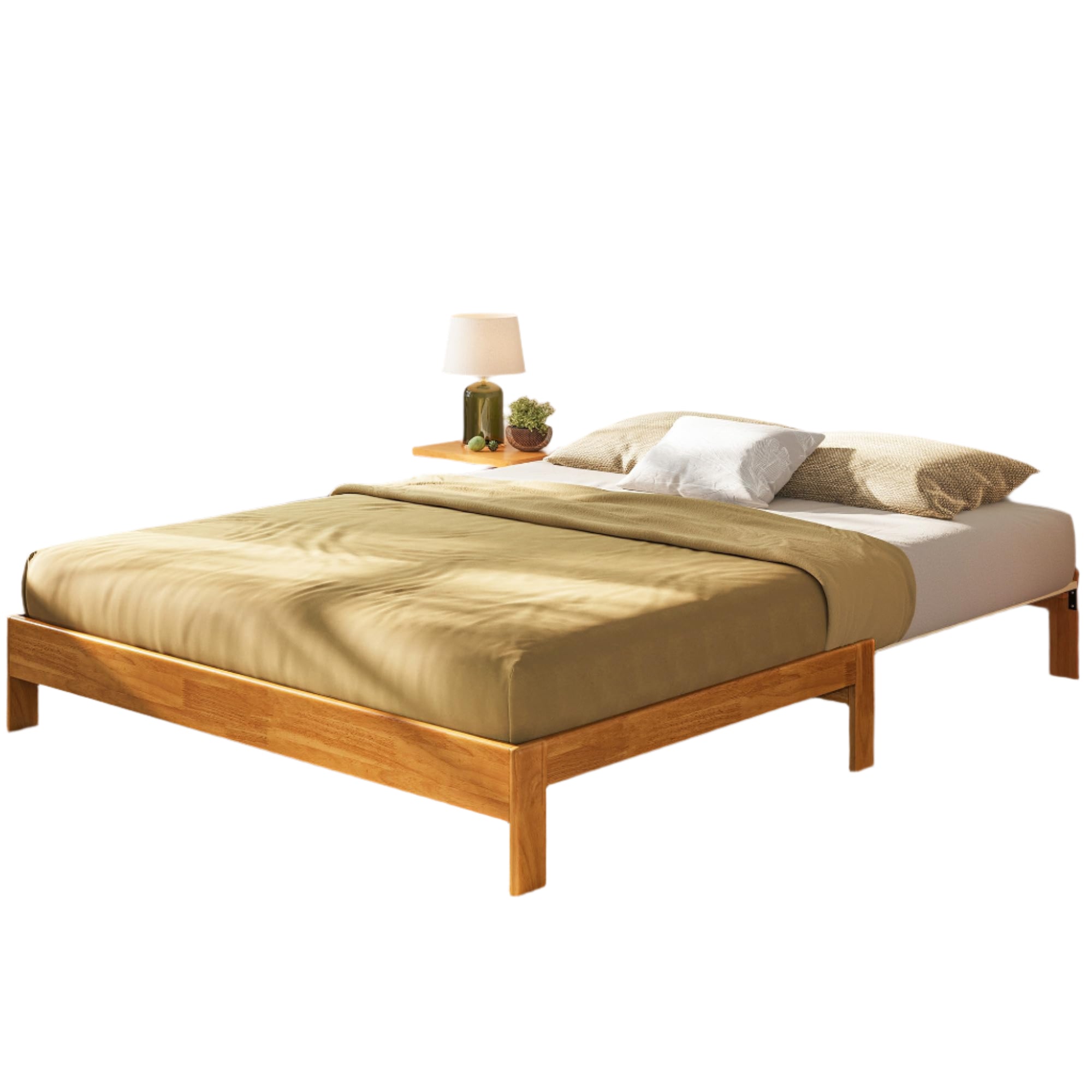 Wood Bed Frame Queen Platform Bed, Retractable Queen-Size Bedframe