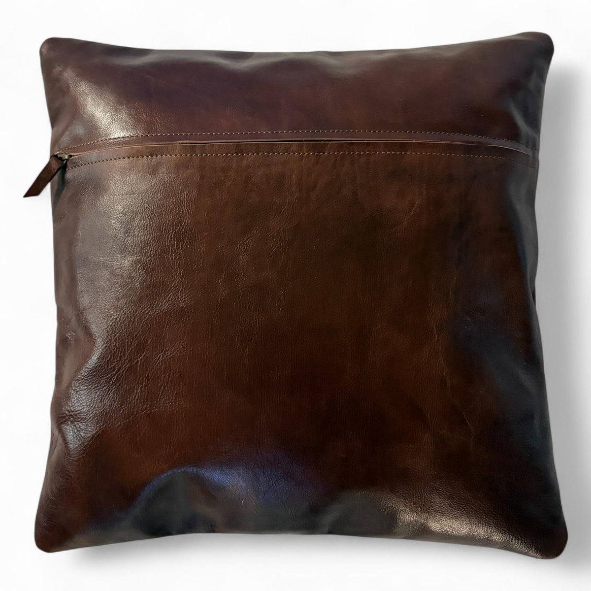 18"x18" Genuine Leather Western Boot Stitch Pillow Cover – Dark Brown, Zipper