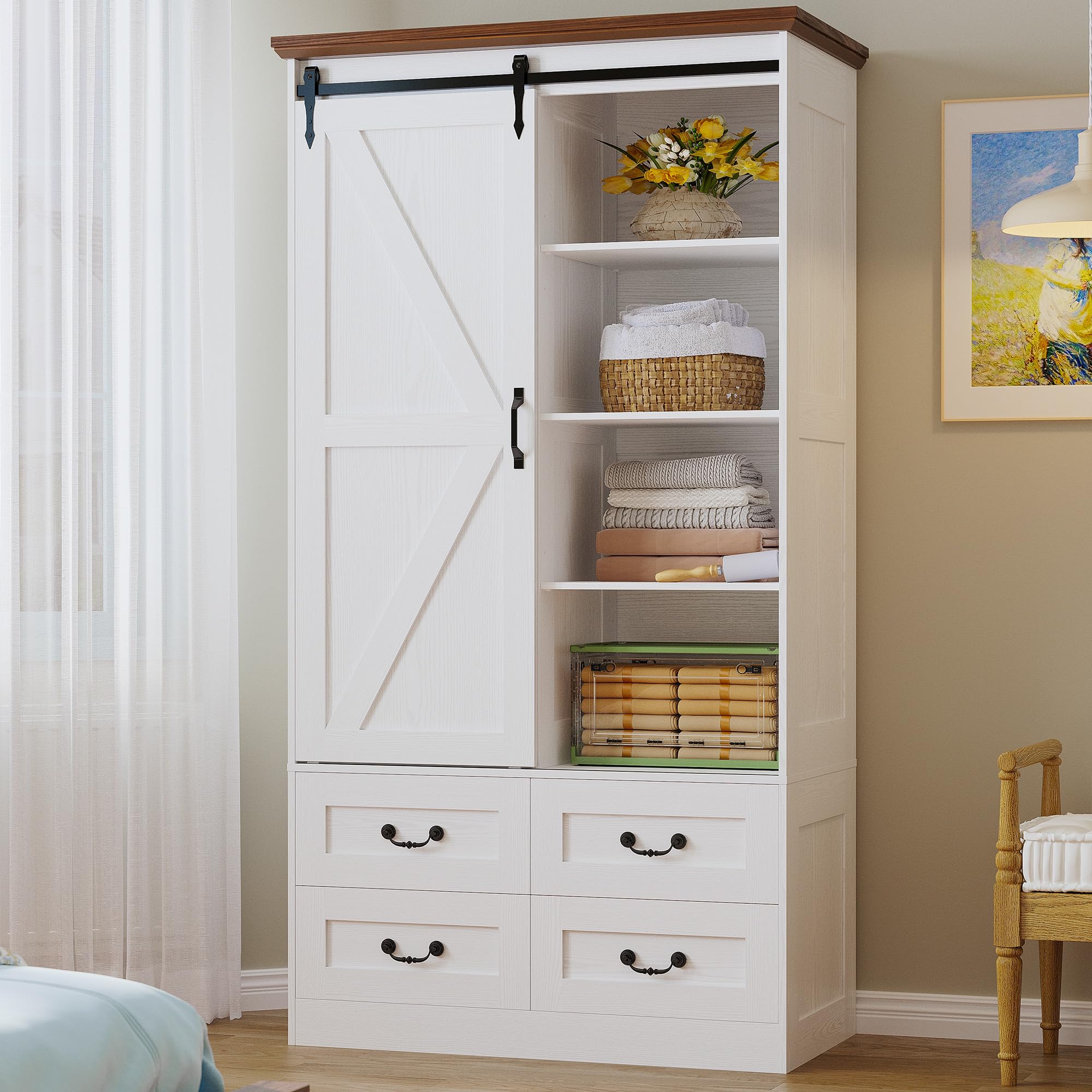 Wardrobe Closet with 4 Drawers,71" Wardrobe Cabinet with Sliding Barn Doors