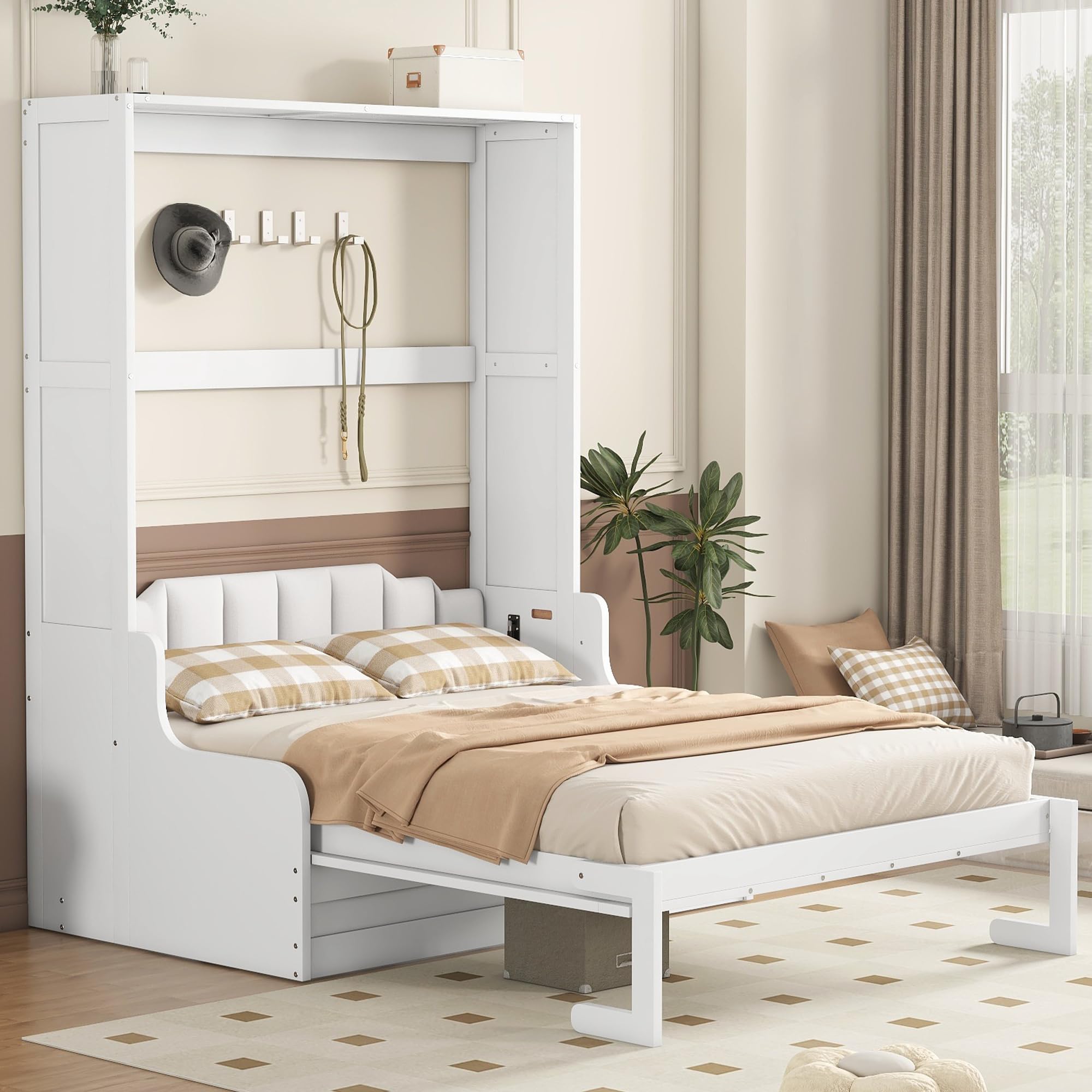 Merax Queen Size Murphy Bed, Wooden Queen Murphy Bed Wall Bed with Sofa and Cushion, White