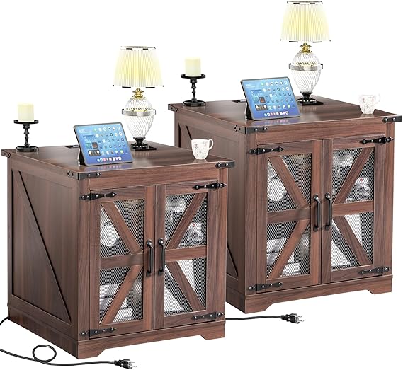 Farmhouse End Table, 24" Large Sofa Side Table with Charging Station