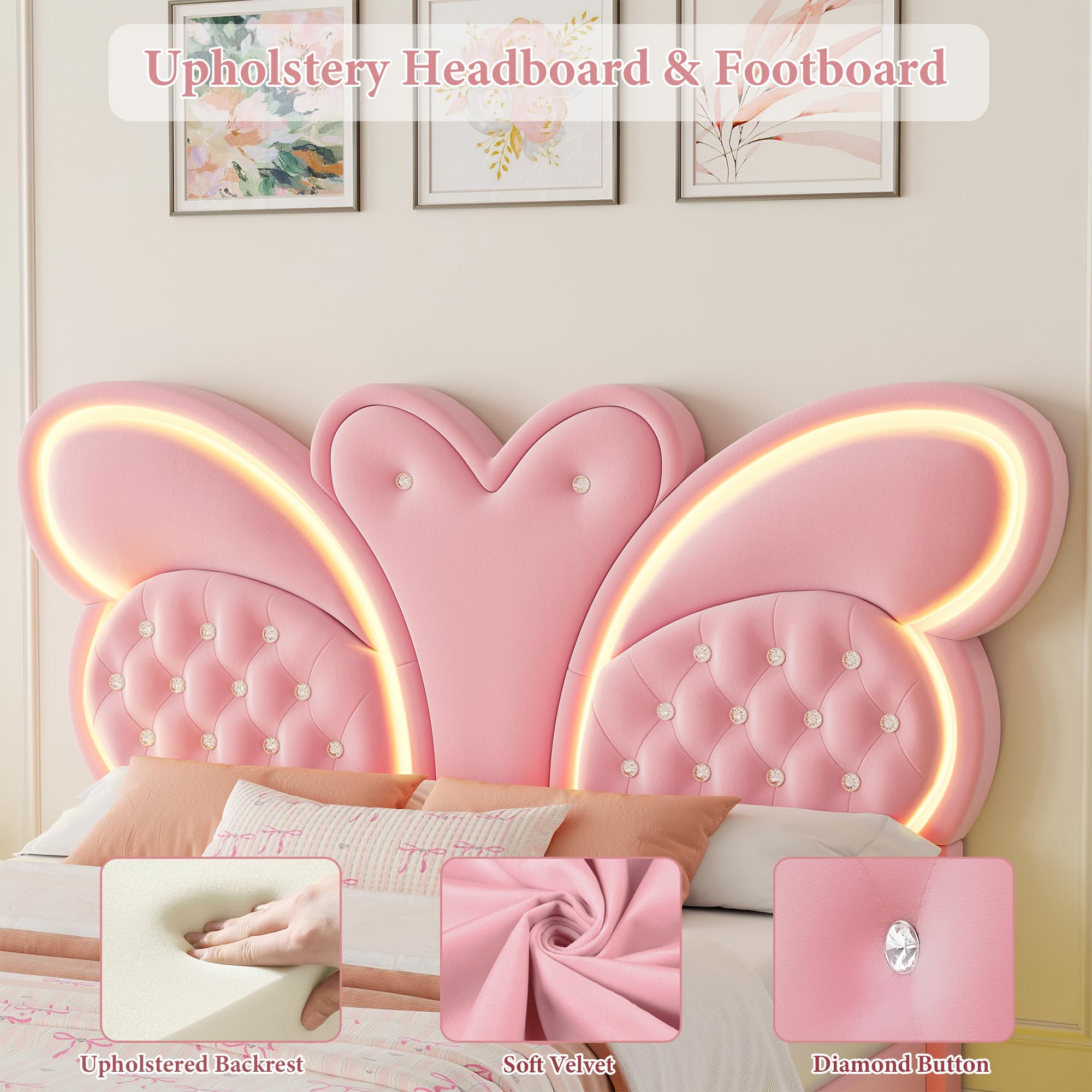 Queen Bed Frame Butterfly-Pattern Upholstered Headboard