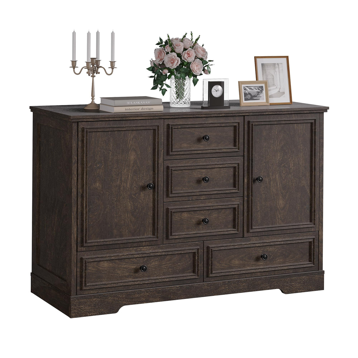 47" Farmhouse Sideboard Buffet Cabinet with 5 Drawers & 2 Doors