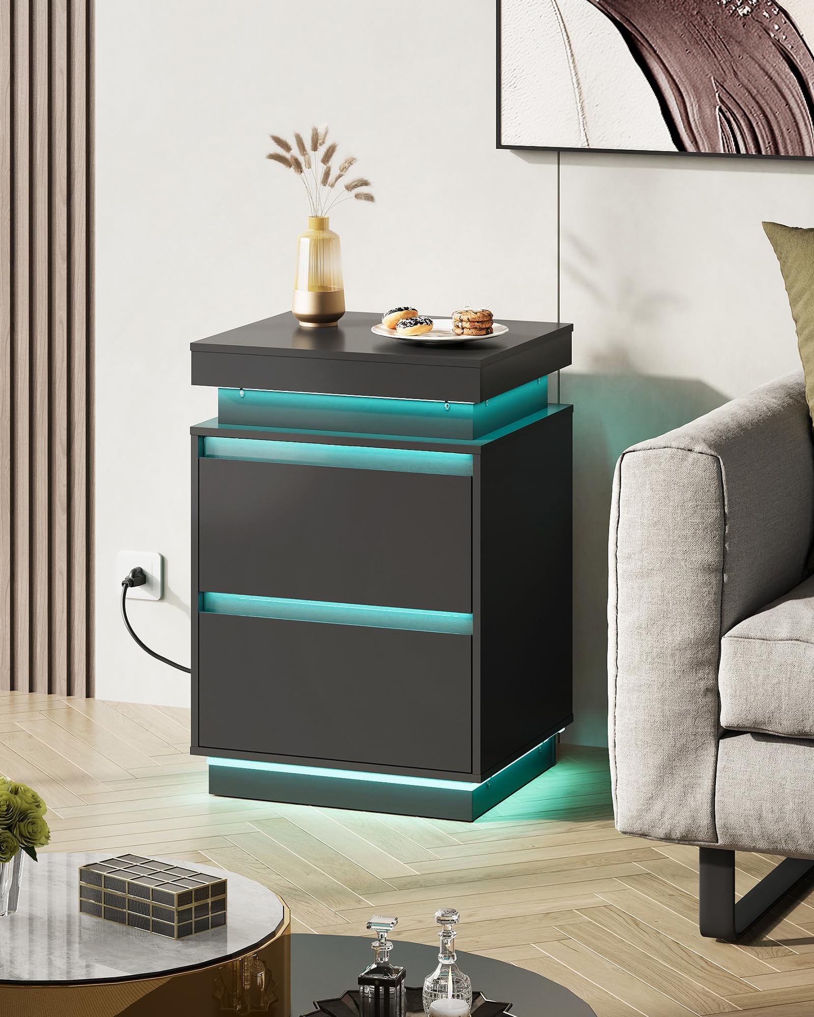 Black Nightstand with Charging Station and LED Lights