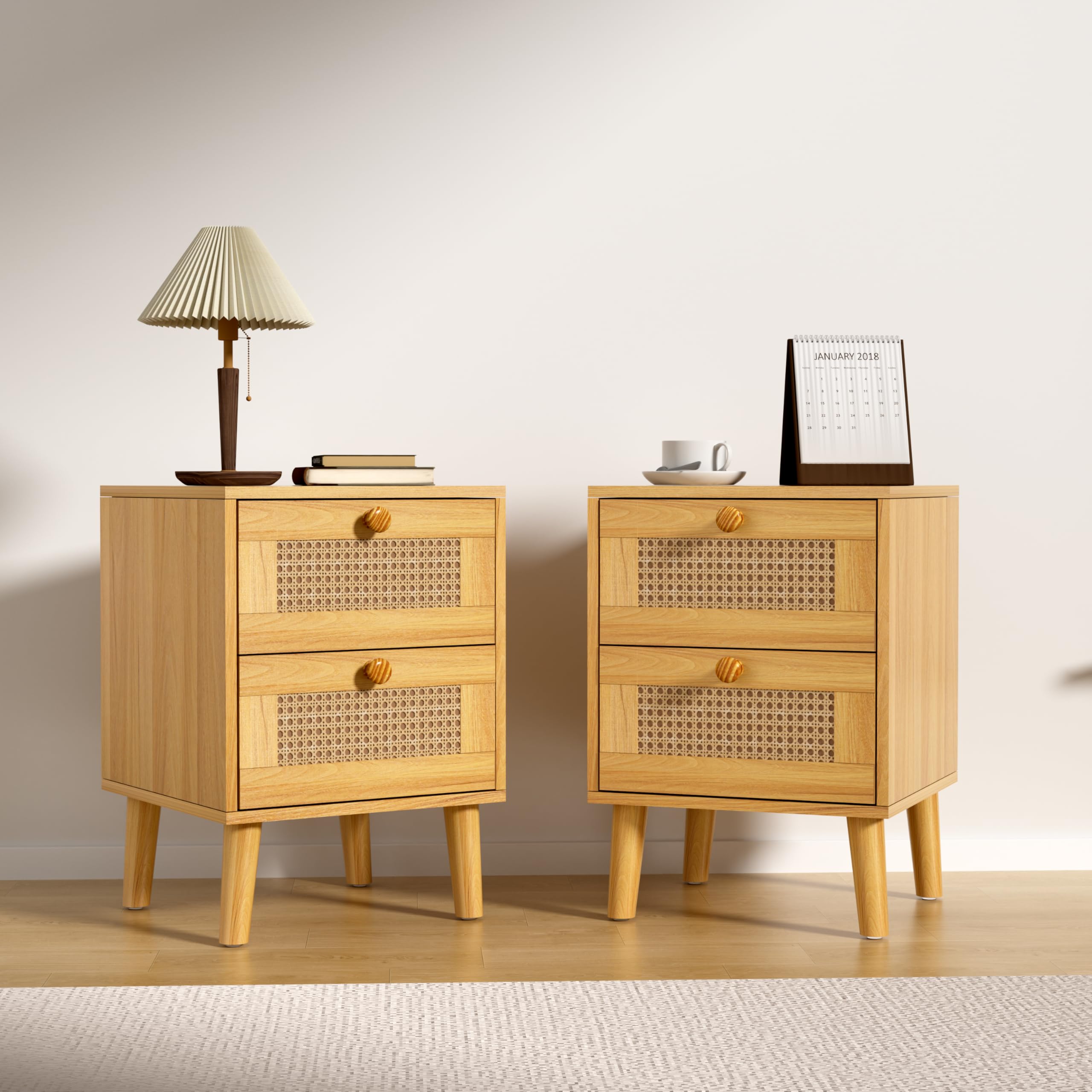 NewBeth Rattan Nightstand,Boho and Wood Night Stand with Drawers,Bedside Rattan Table and Small nightstand,Natural Wood Nightstand for Bedroom,Oak (Oak-2 Pcs)