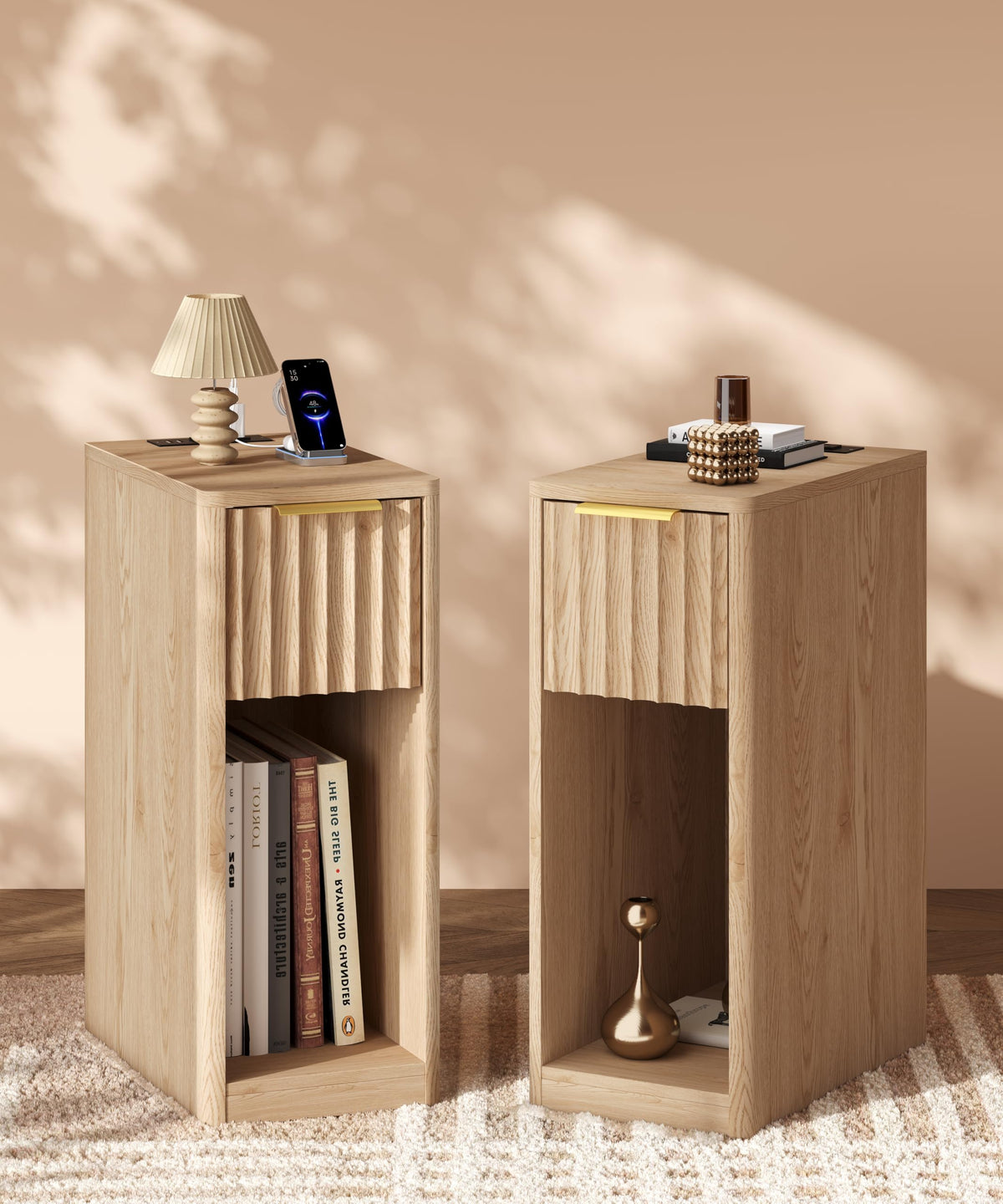 Narrow Nightstand Set of 2 with Charging Station