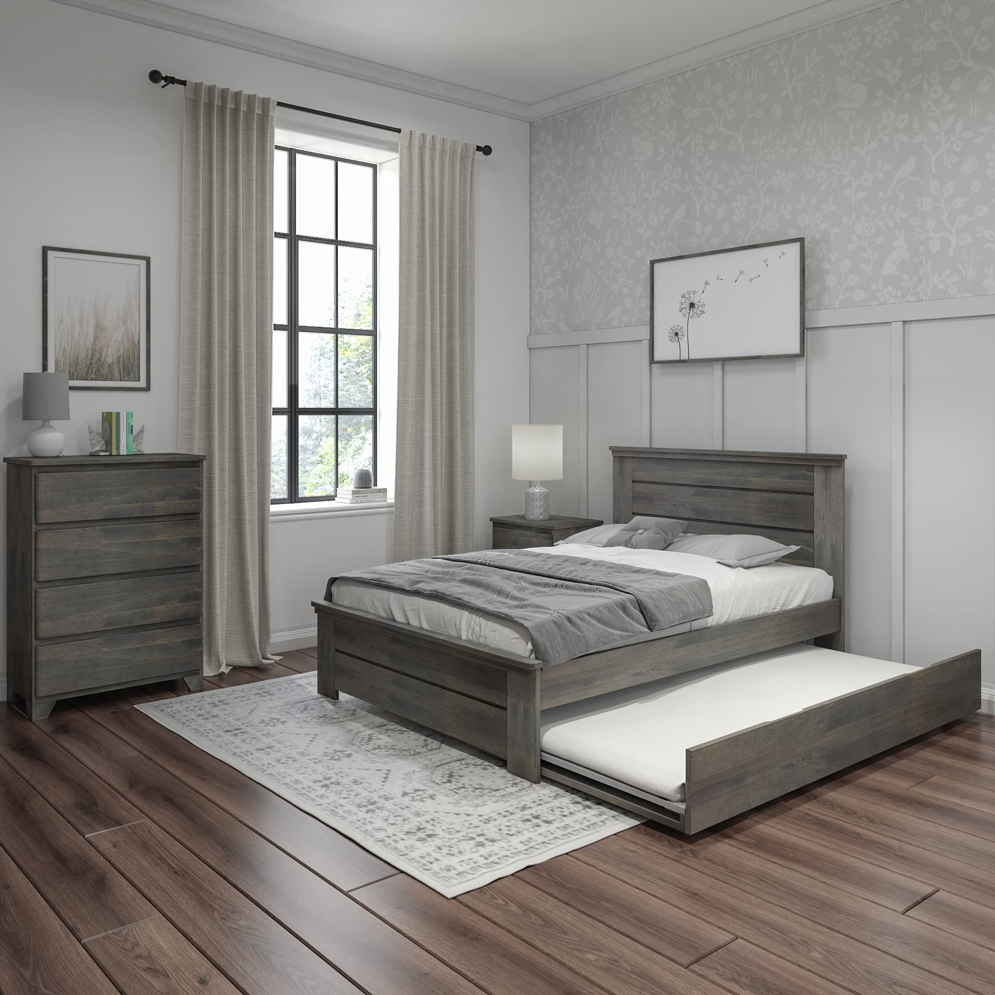 Modern Farmhouse Full Bed with Panel Headboard and Trundle, Driftwood