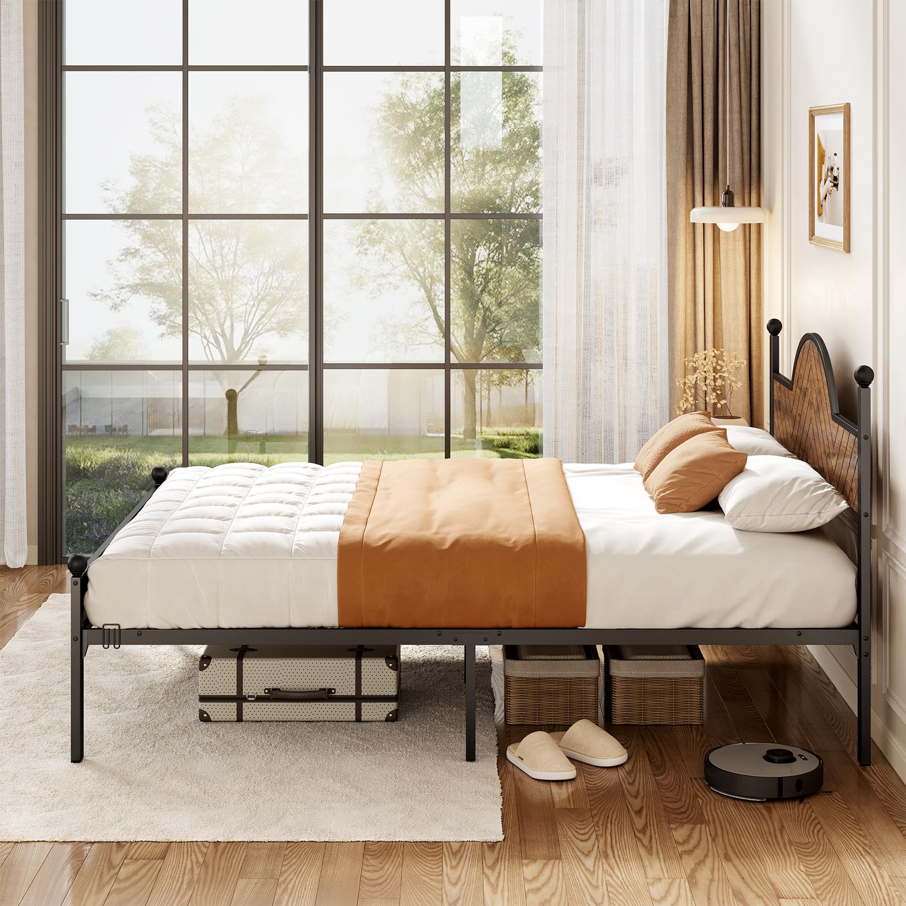 Queen Bed Frame with Wooden Height-Adjustable Headboard and Footboard