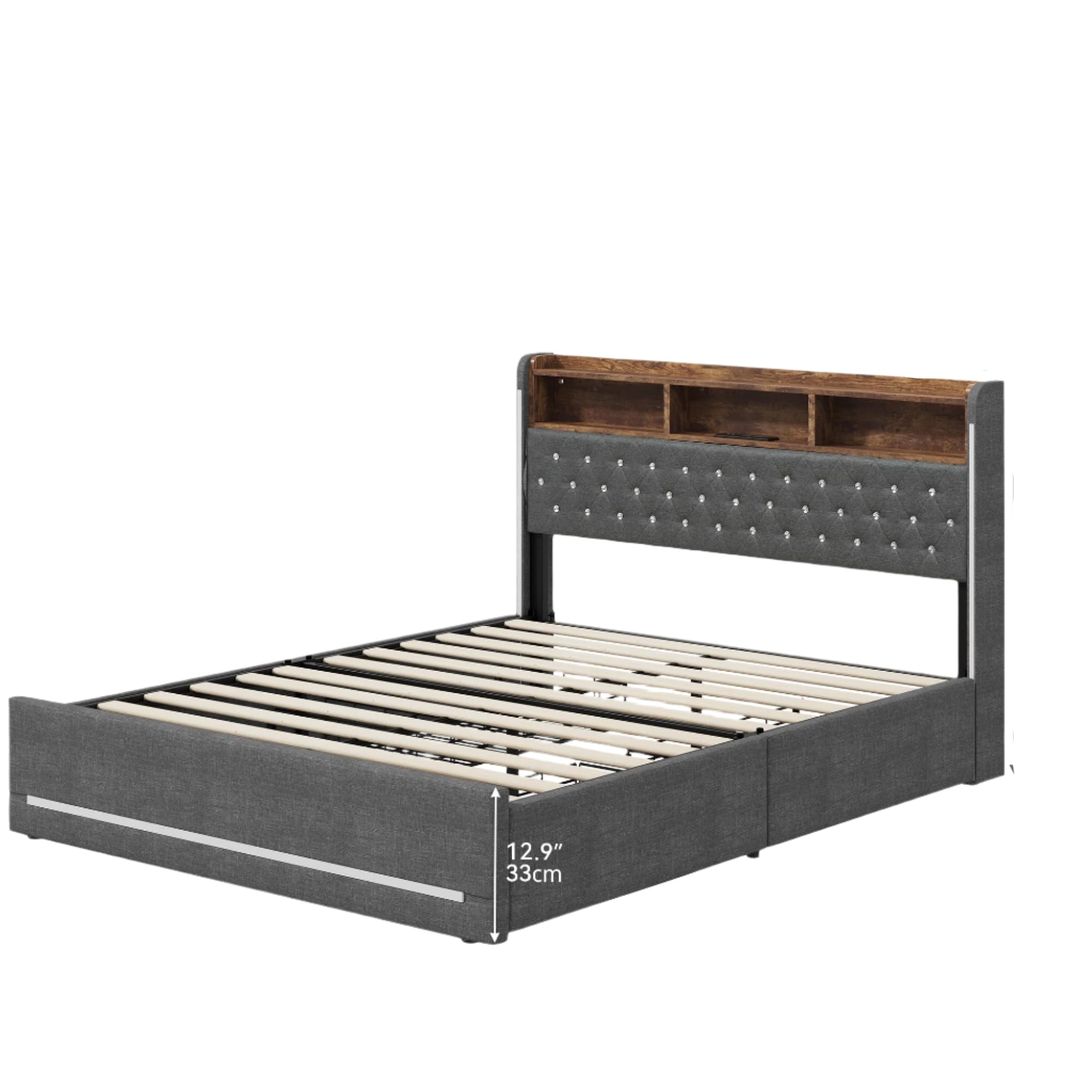 Queen Size Bed Frame with Storage Drawers, LED Bed Fram with Button Tufted