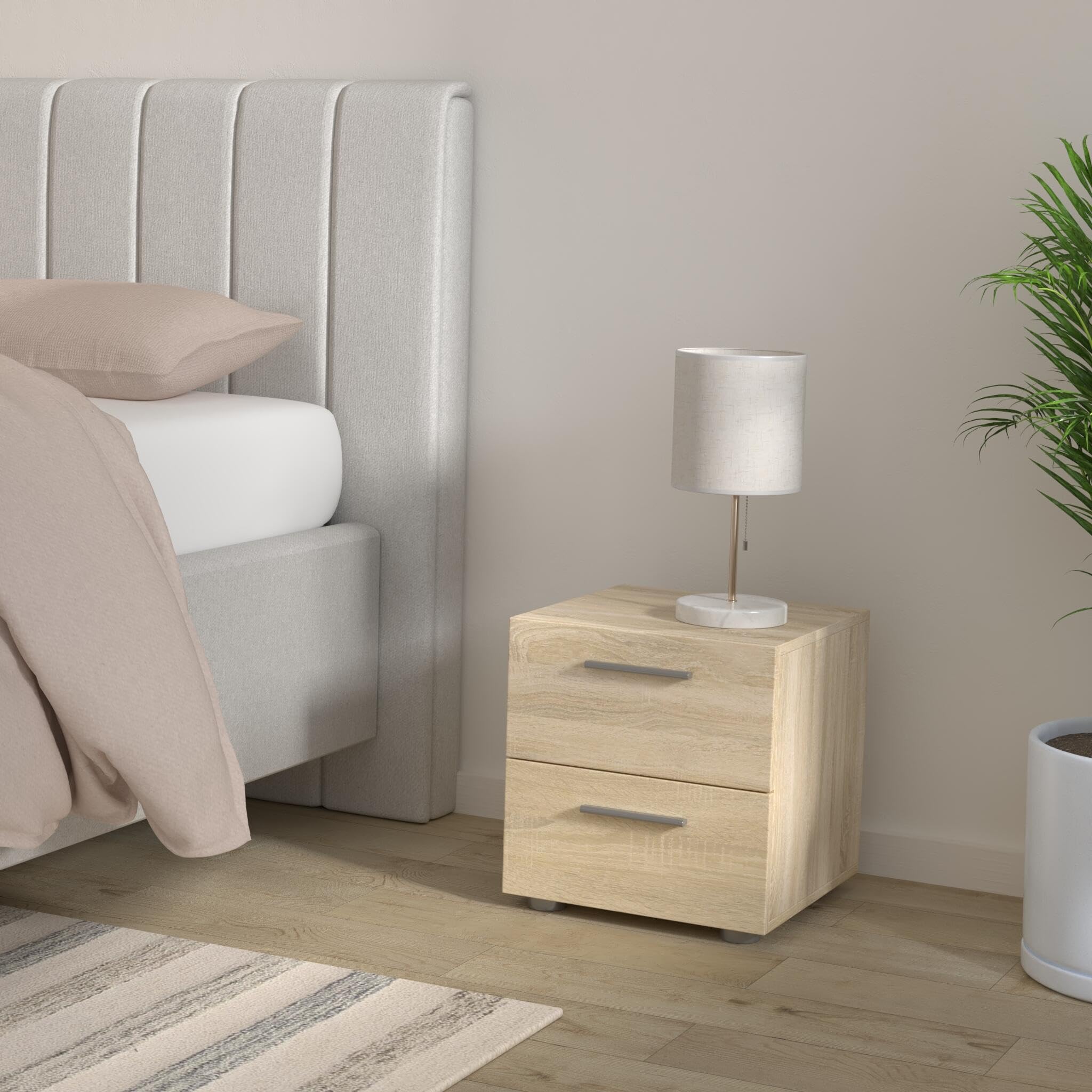 2 Drawer Nightstand for Bedroom, Modern Silver Drawer Handles
