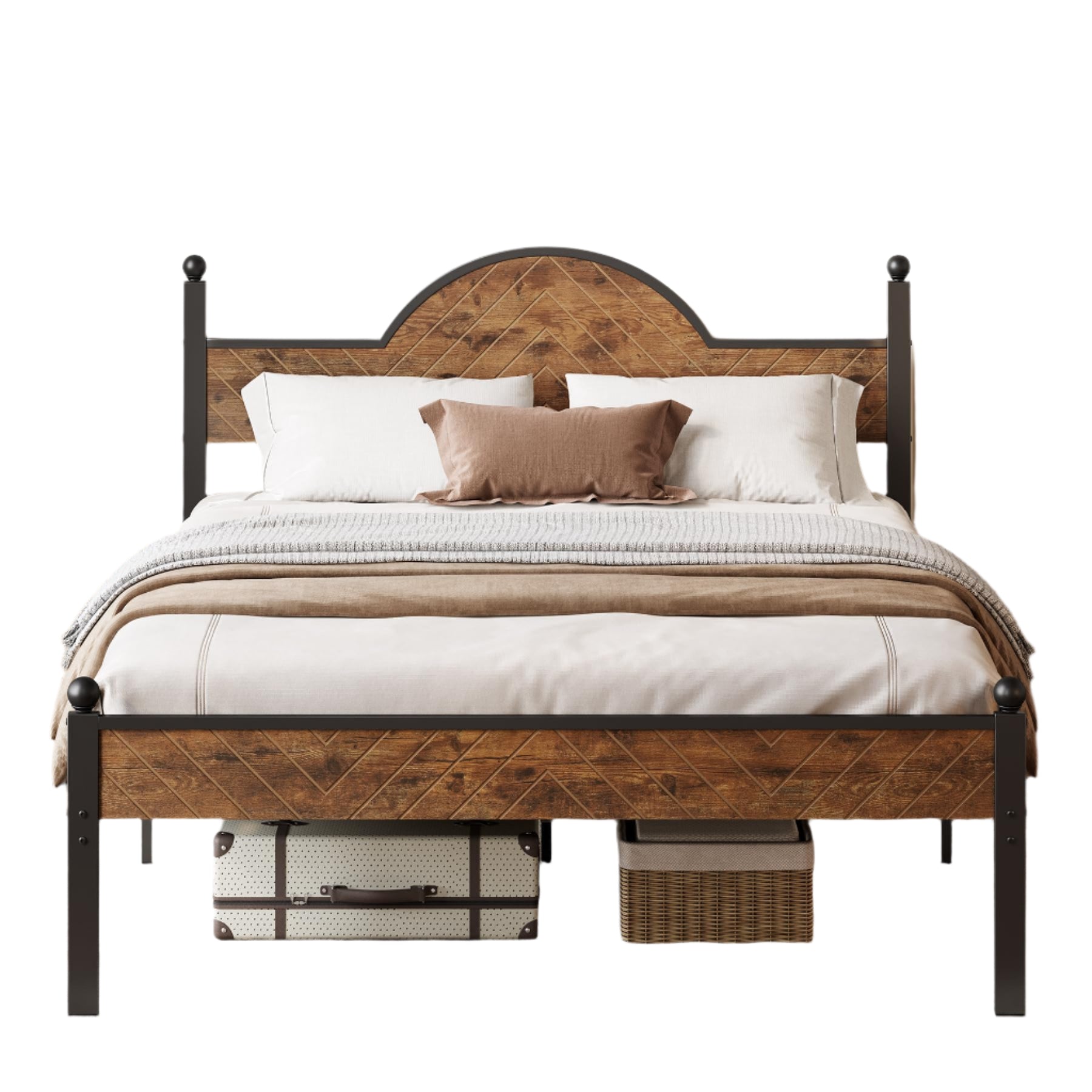 Queen Bed Frame with Wooden Height-Adjustable Headboard and Footboard