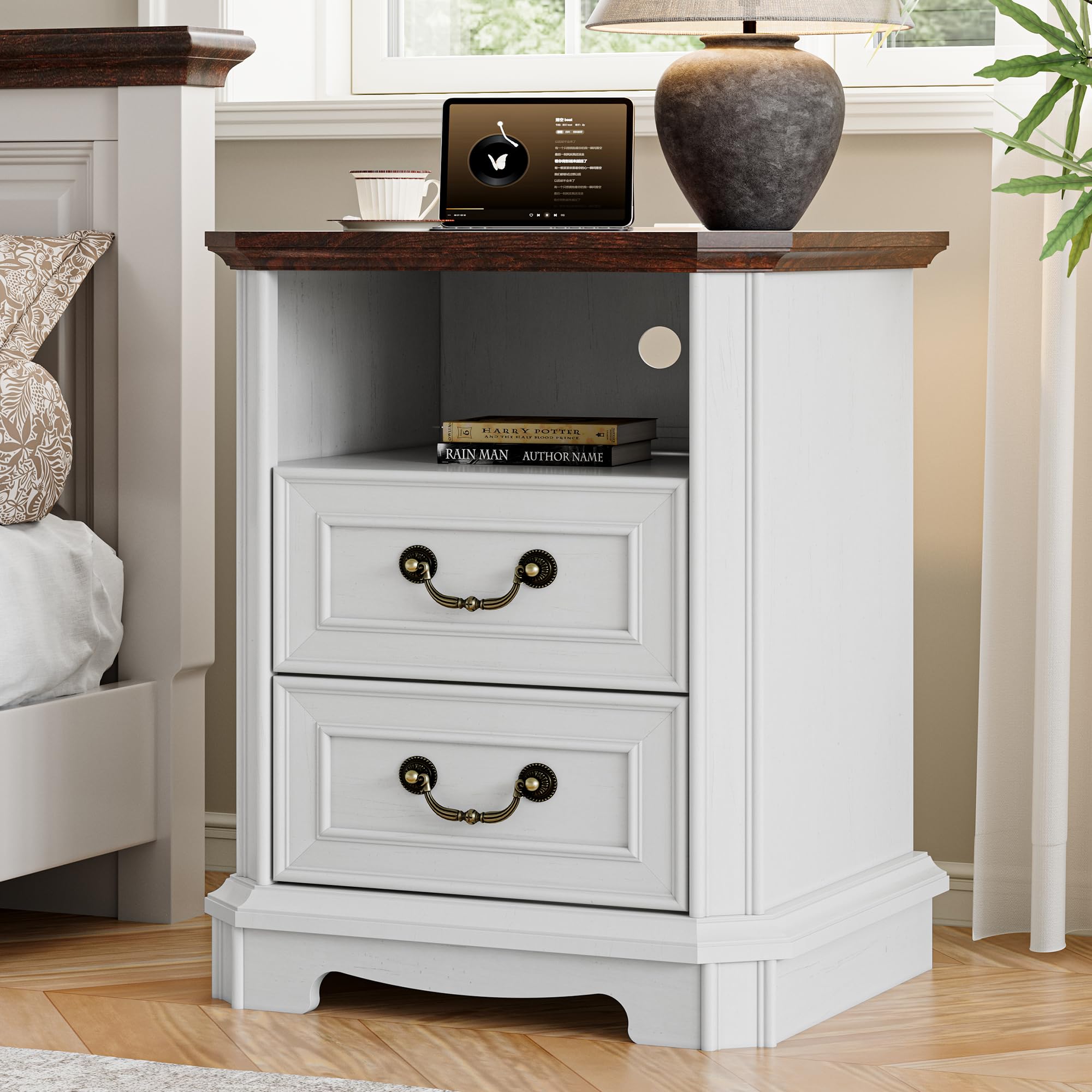 Farmhouse Nightstand with Charging Station, 18" Side Table with 2 Storage Drawers