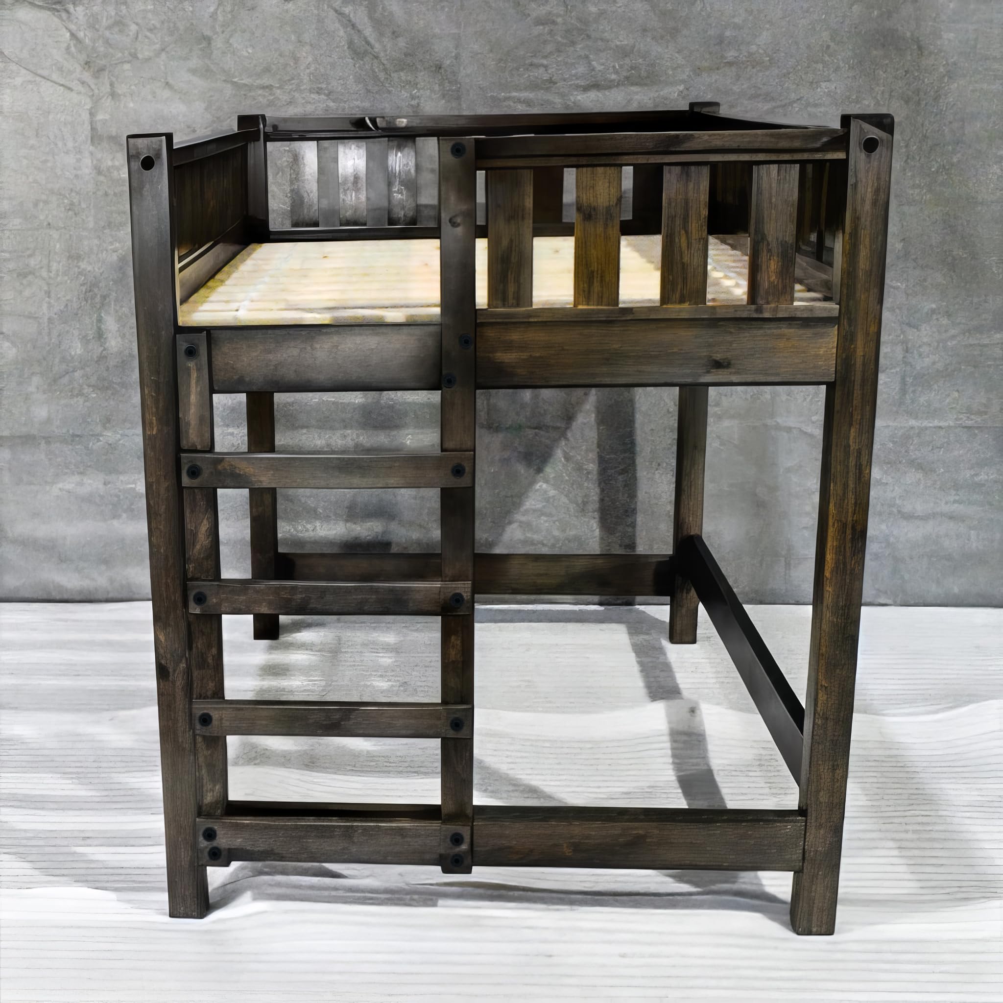 Wood Loft Bed Frame, Full Size - Rustic & Modern Style, Brown Finish, Adults, Kids