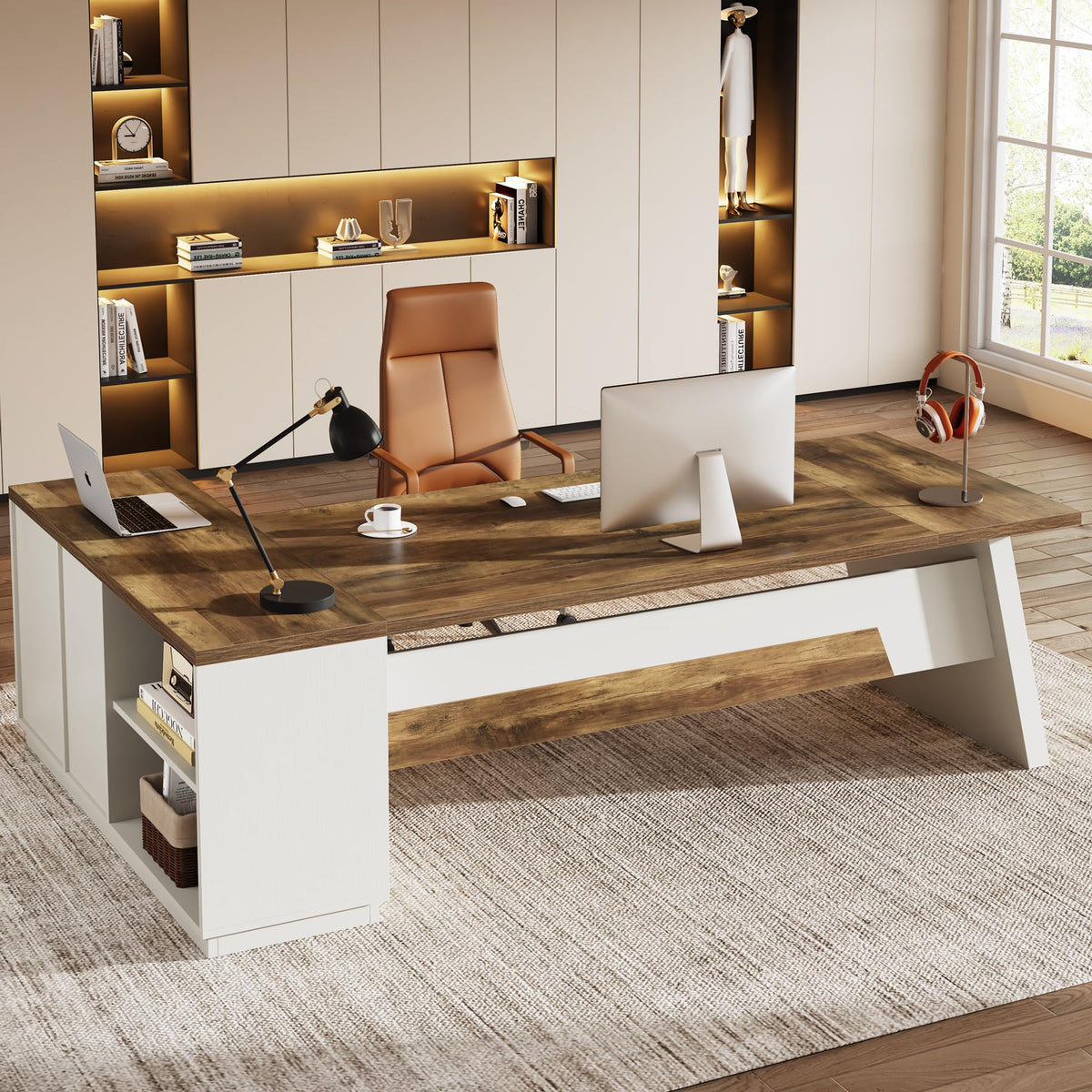 L-Shaped Executive Desk with Drawers & File Cabinet