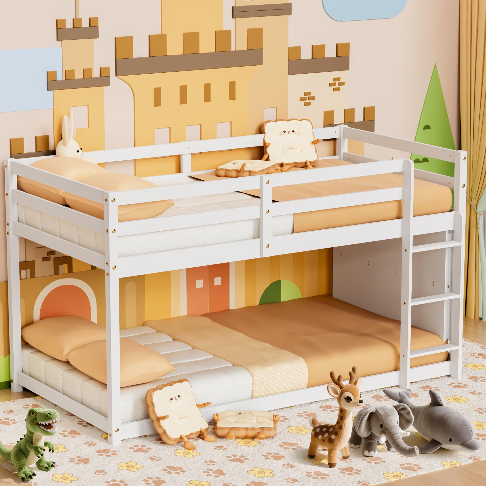 Low Bunk Bed Twin Over Twin, Floor Bunk Bed with Bookshelf&Ladder