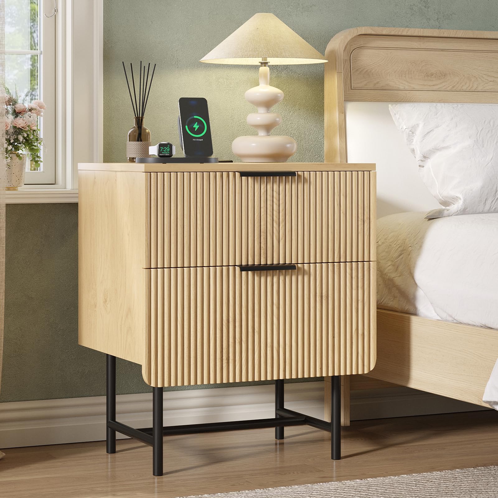 Nightstand with Charging Station, 20" Modern Bedside Table